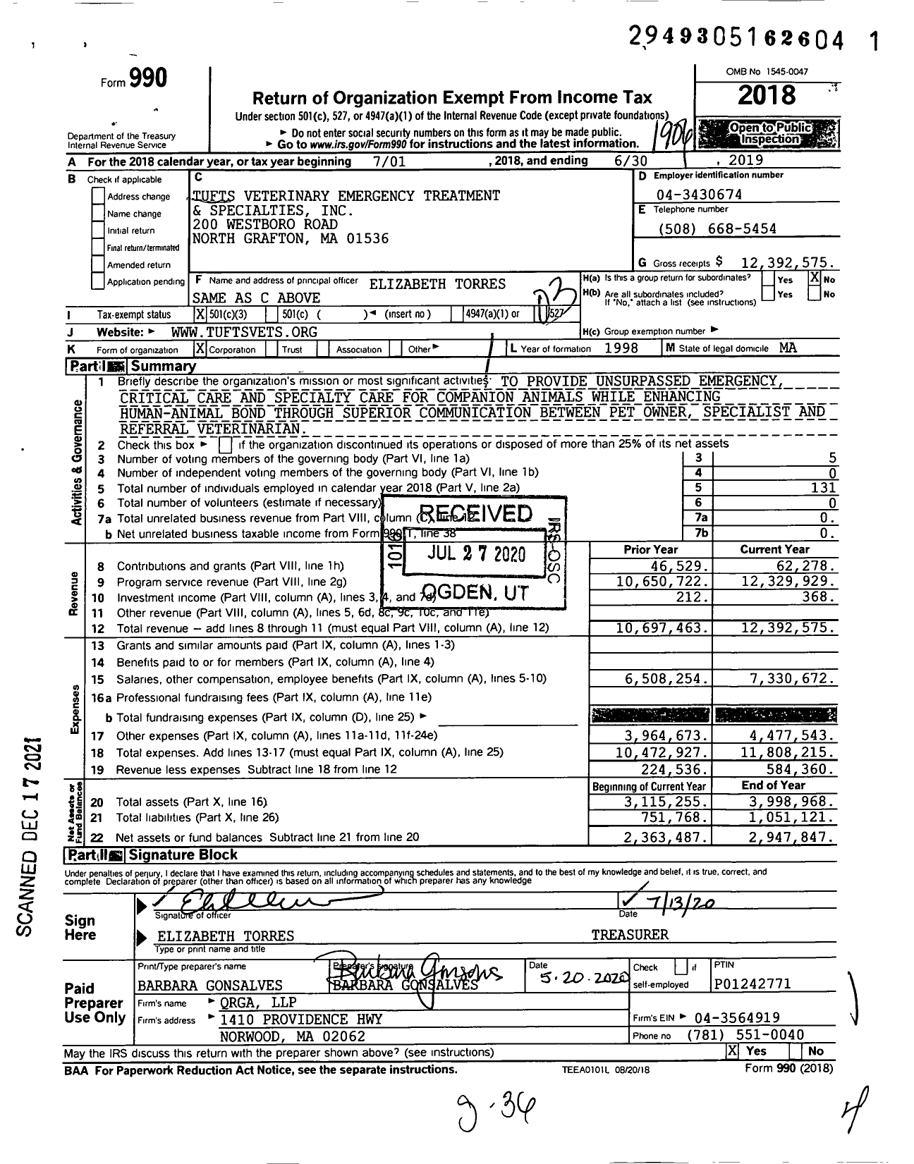 Image of first page of 2018 Form 990 for Tufts Veterinary Emergency Treatment and Specialties