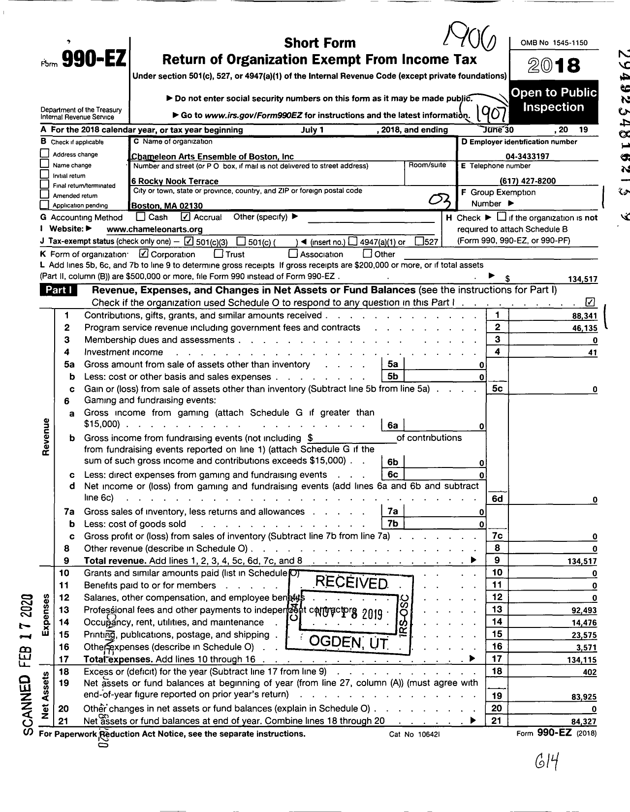 Image of first page of 2018 Form 990EZ for Chameleon Arts Ensemble of Boston