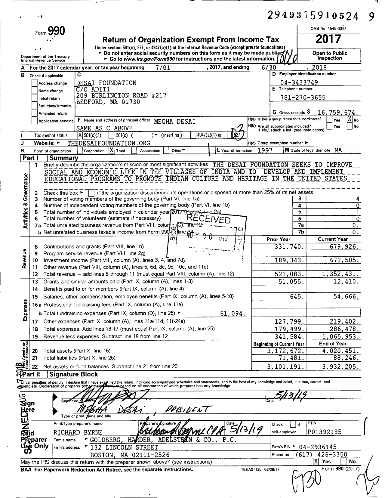 Image of first page of 2017 Form 990 for Desai Foundation