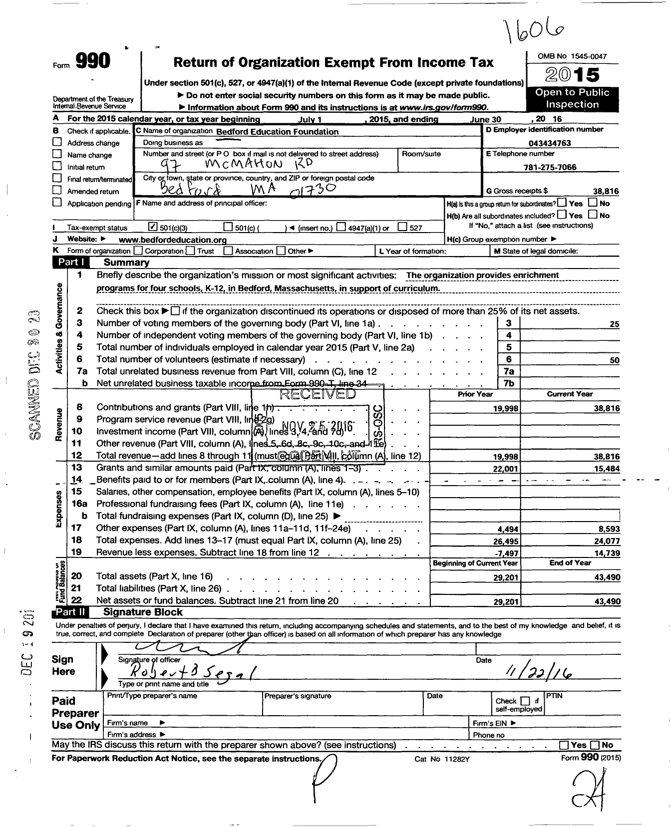 Image of first page of 2015 Form 990 for Bedford Education Foundation