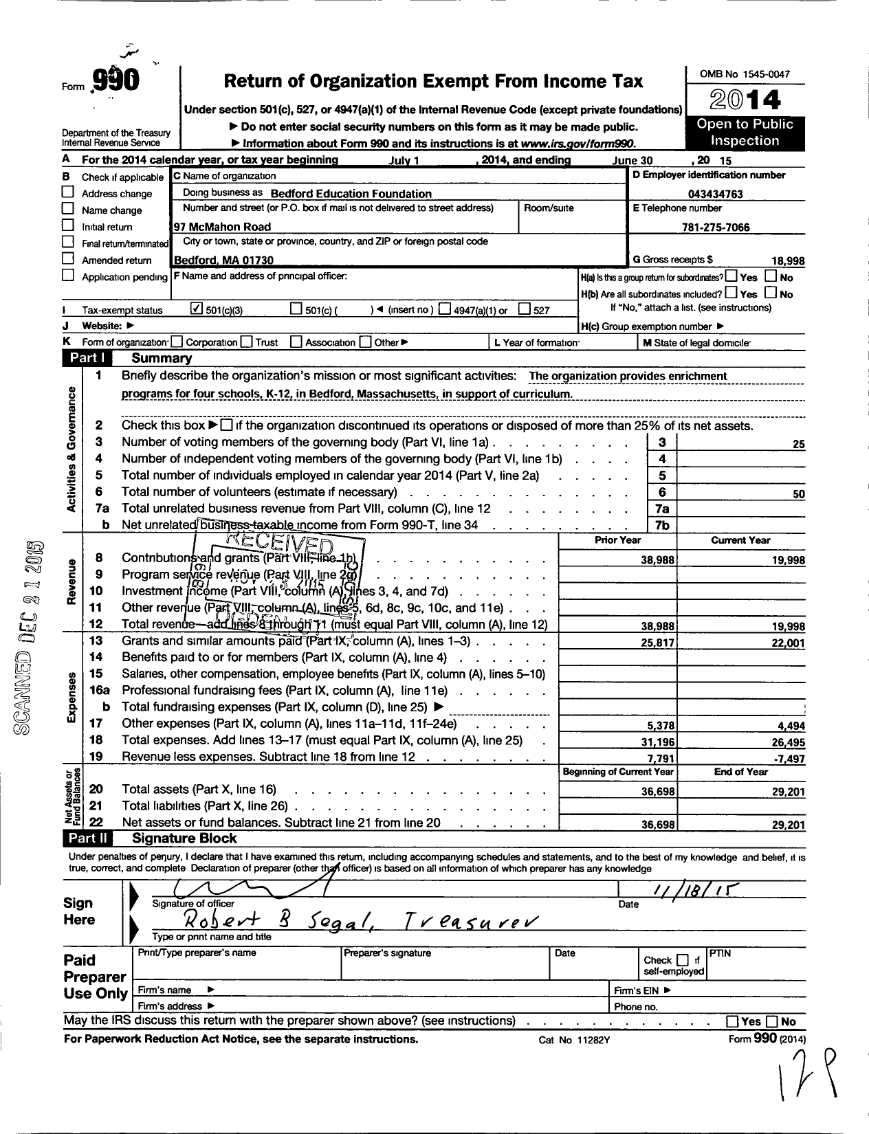 Image of first page of 2014 Form 990 for Bedford Education Foundation