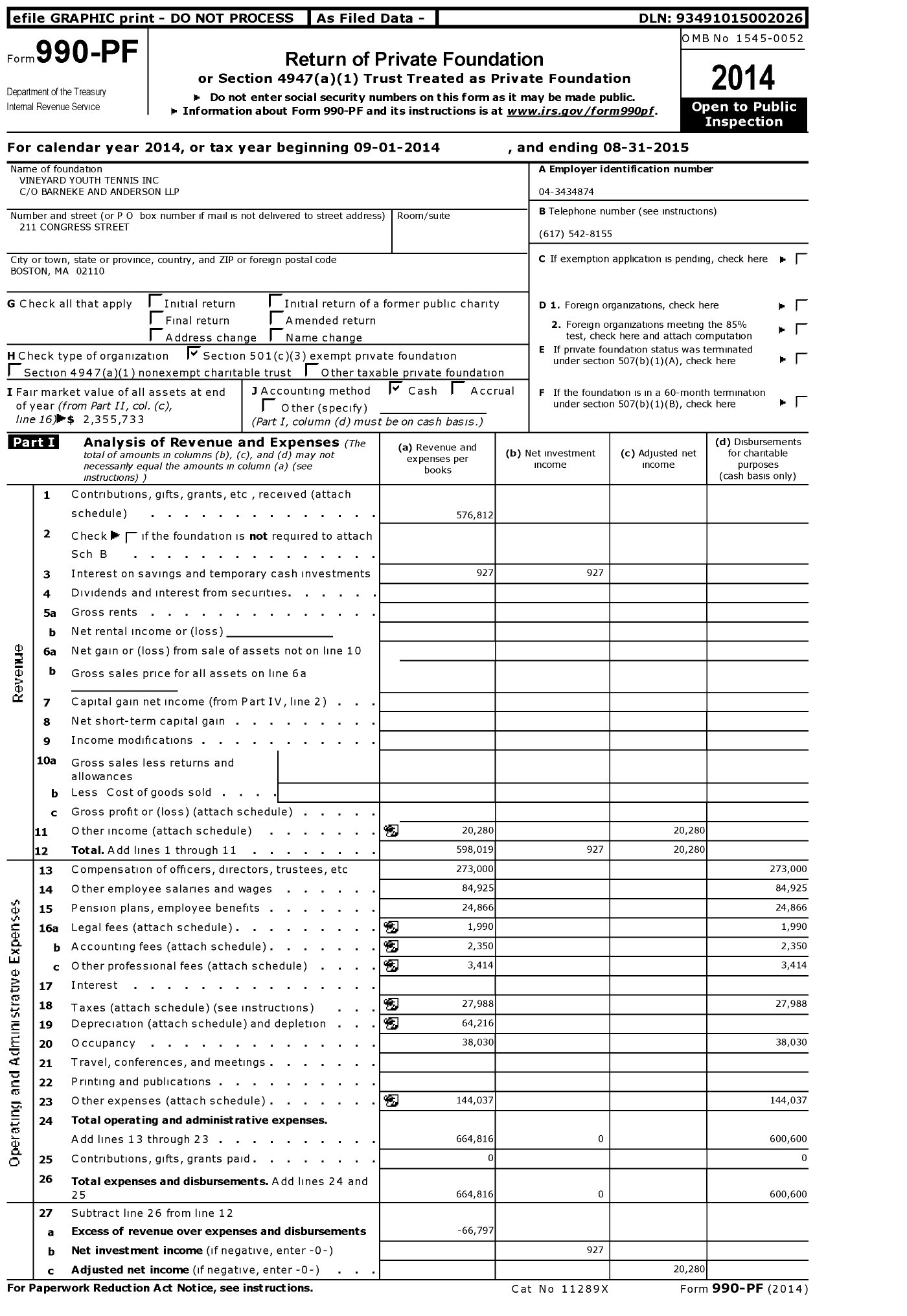 Image of first page of 2014 Form 990PF for Vineyard Youth Tennis