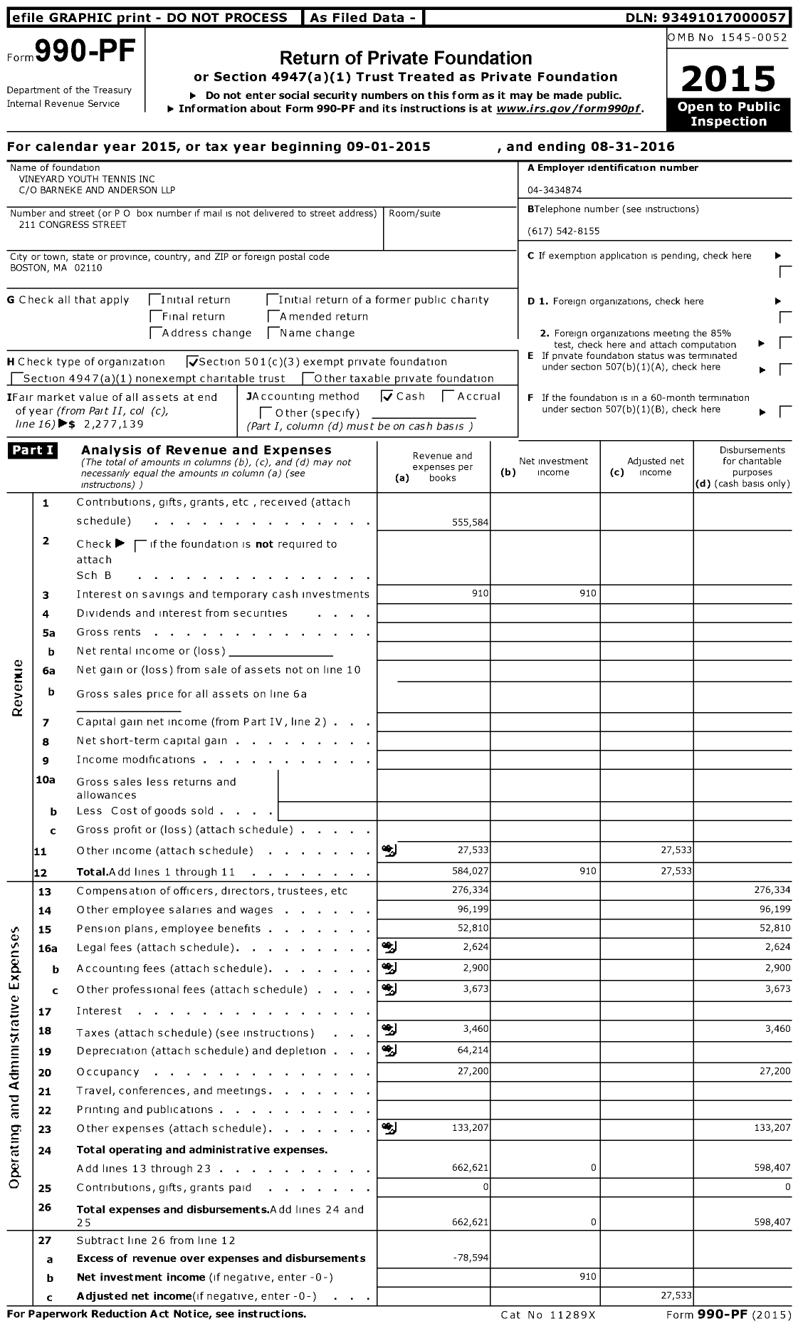 Image of first page of 2015 Form 990PF for Vineyard Youth Tennis