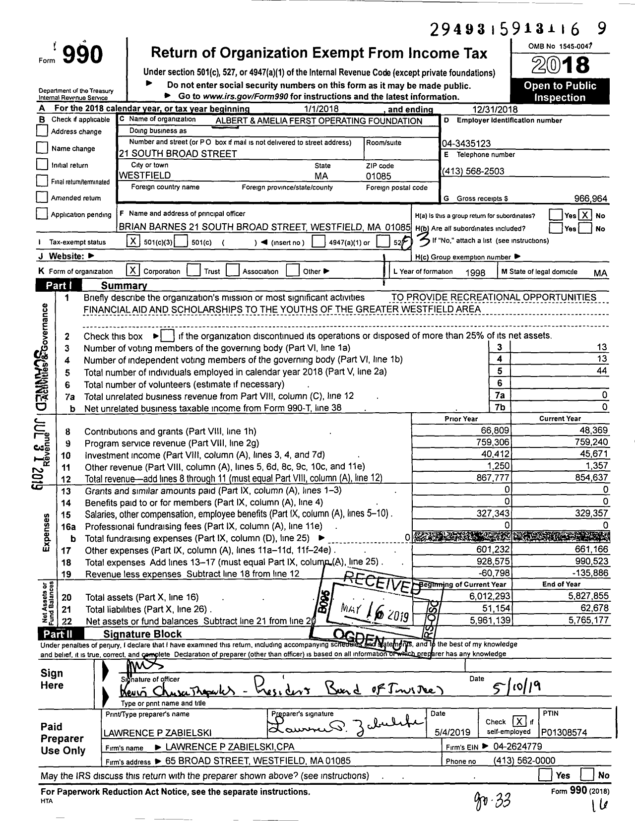 Image of first page of 2018 Form 990 for Albert and Amelia Ferst Operating Foundation