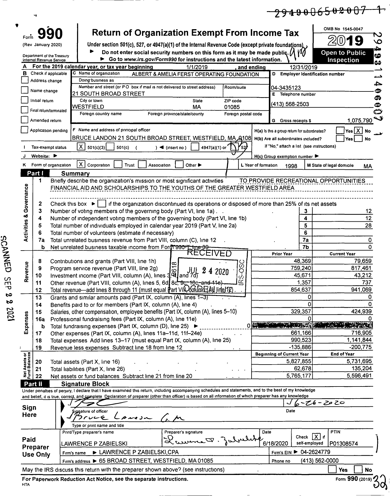 Image of first page of 2019 Form 990 for Albert and Amelia Ferst Operating Foundation