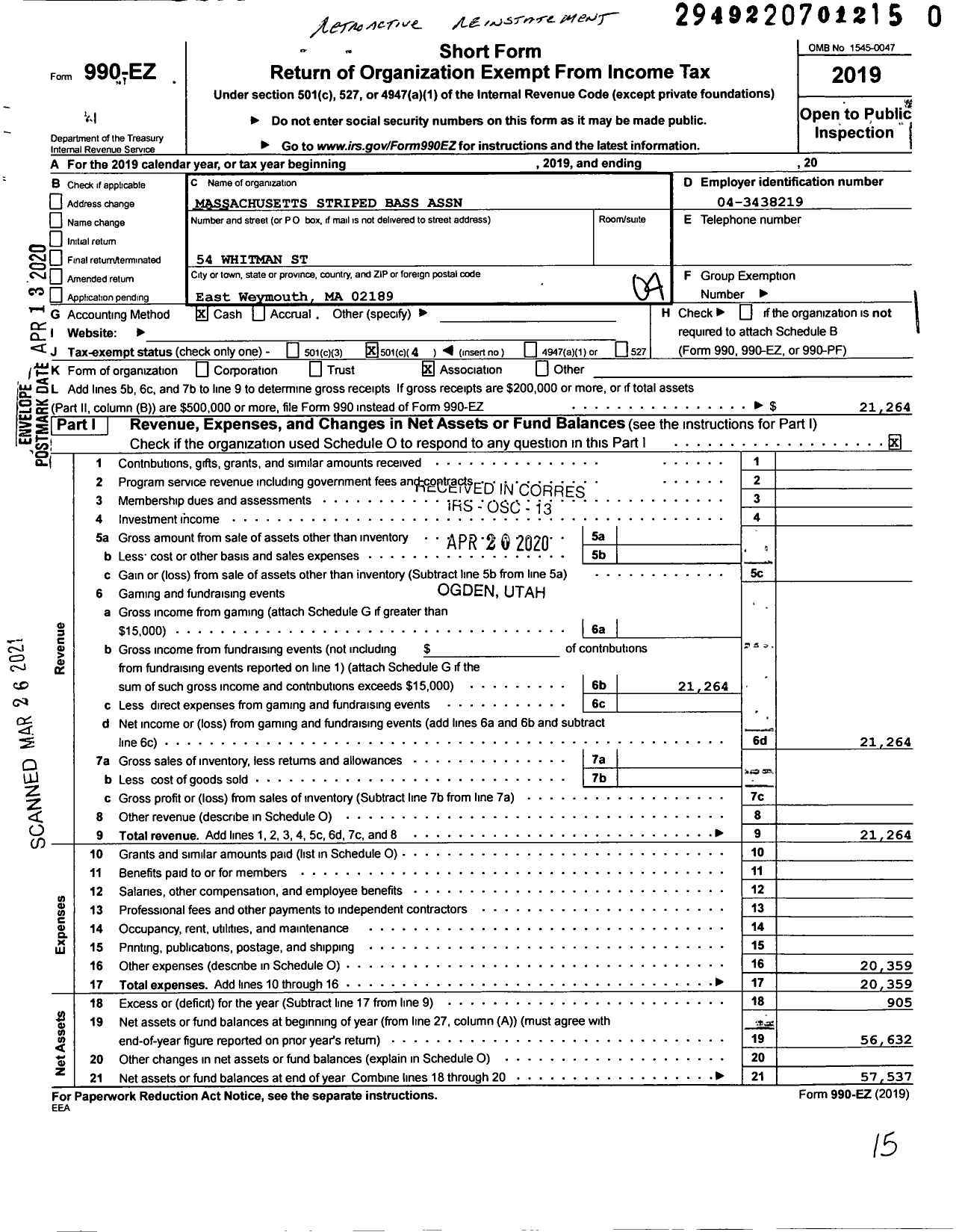 Image of first page of 2019 Form 990EO for Massachusetts Striped Bass Association