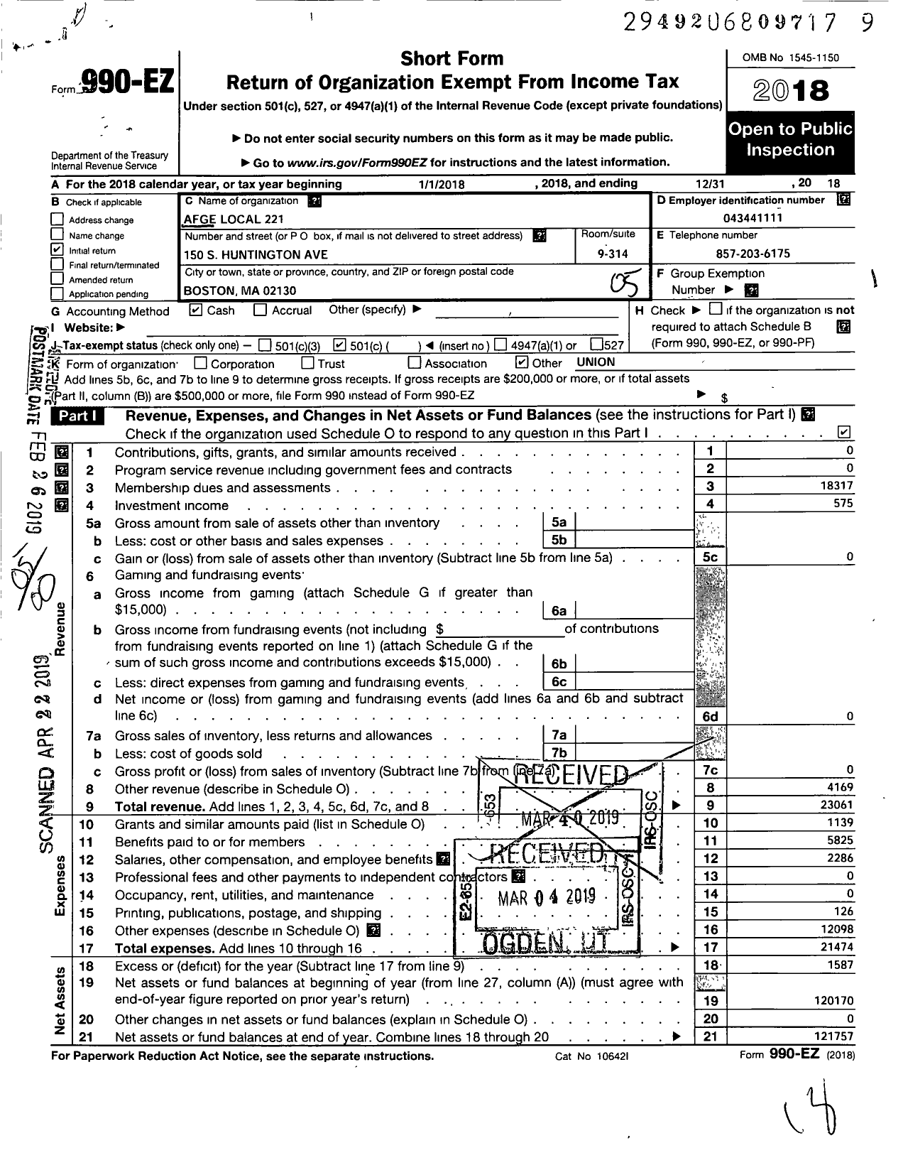 Image of first page of 2018 Form 990EO for American Federation of Government Employees - 0221 Afge-Va Local