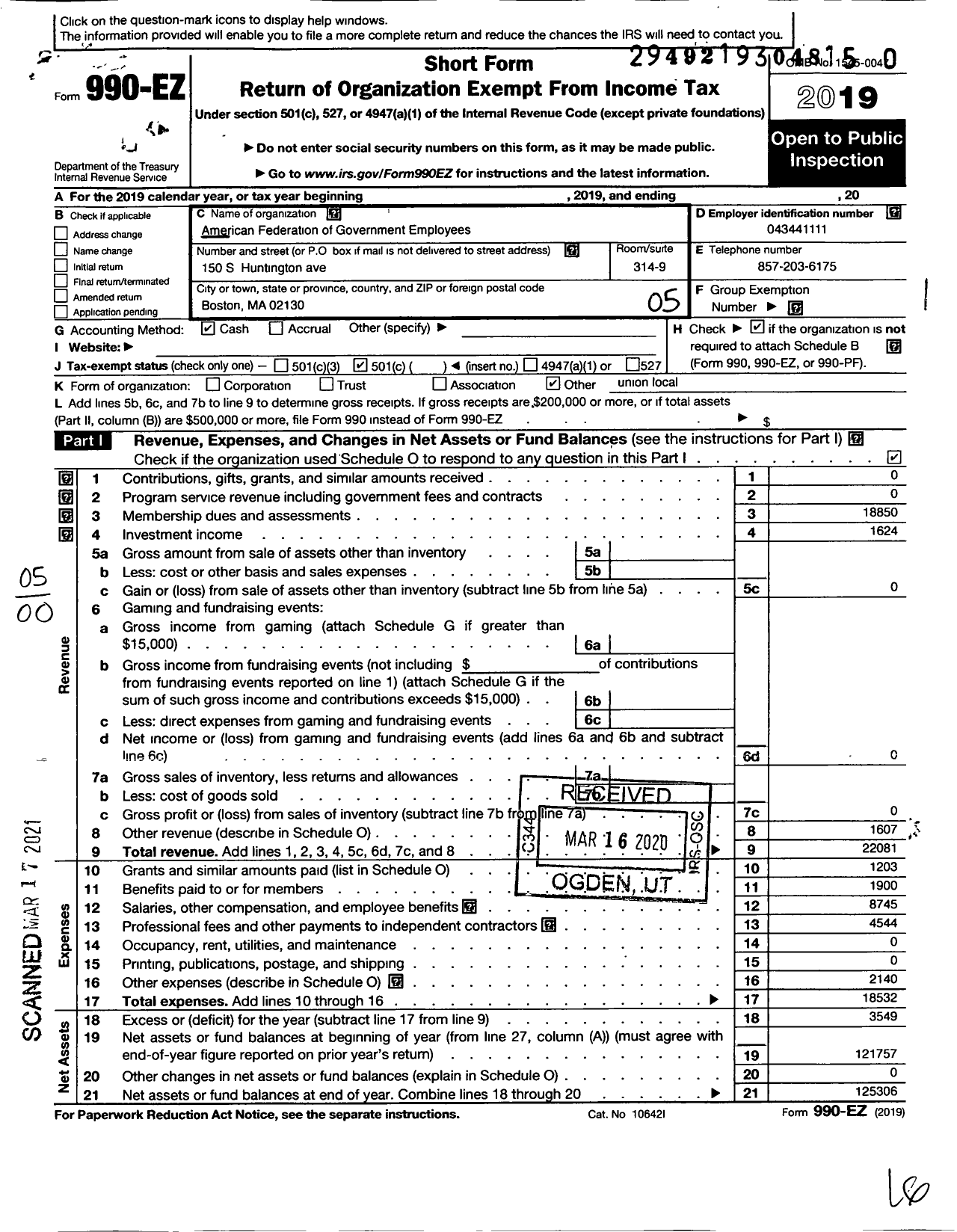 Image of first page of 2019 Form 990EO for American Federation of Government Employees - 0221 Afge-Va Local