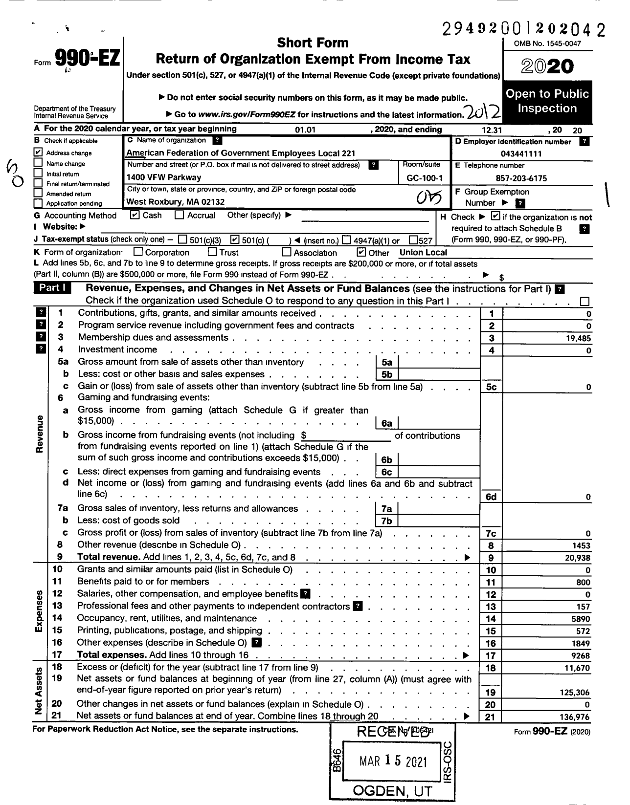 Image of first page of 2020 Form 990EO for American Federation of Government Employees - 0221 Afge-Va Local