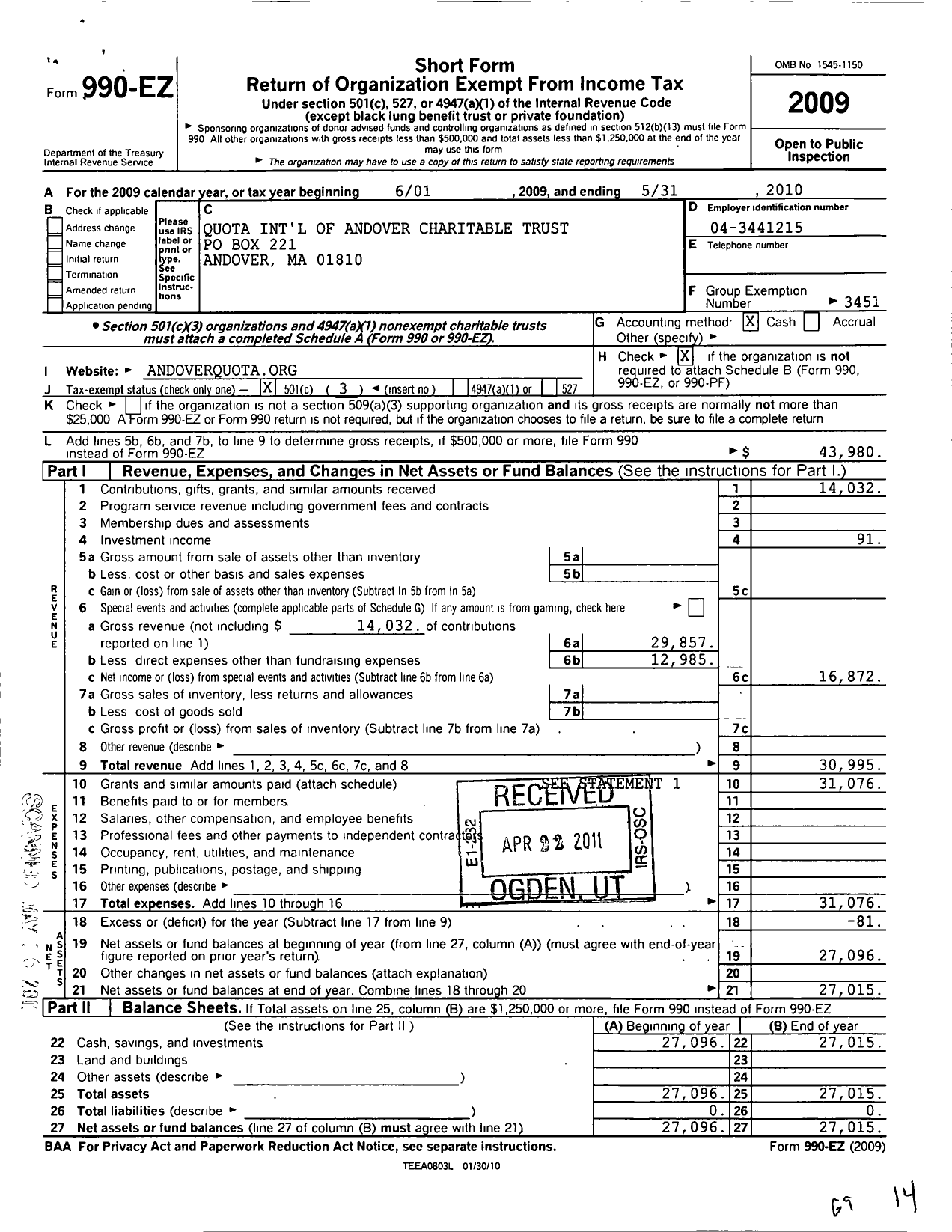 Image of first page of 2009 Form 990EZ for We Share Foundation / Andover Charitable Trust