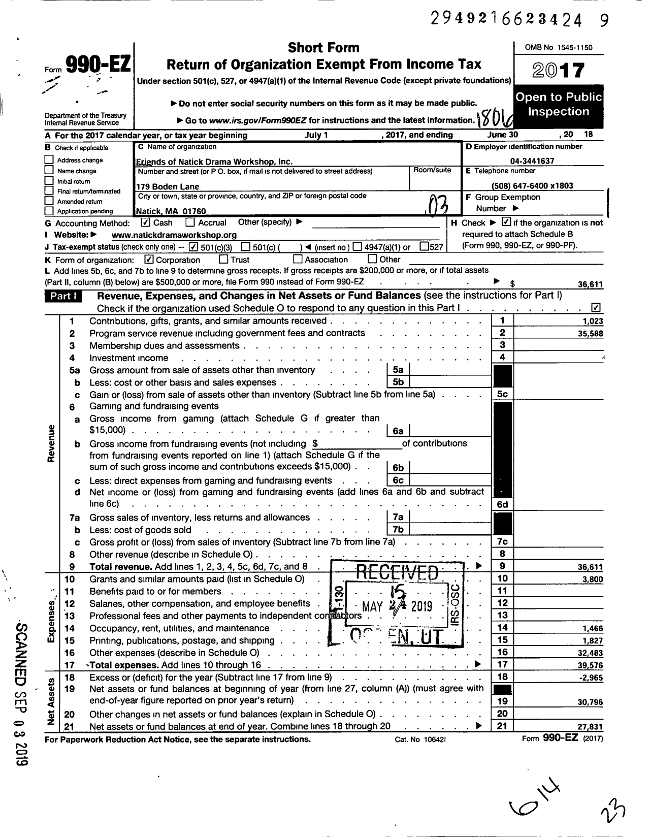 Image of first page of 2017 Form 990EZ for Friends of Natick Drama Workshop