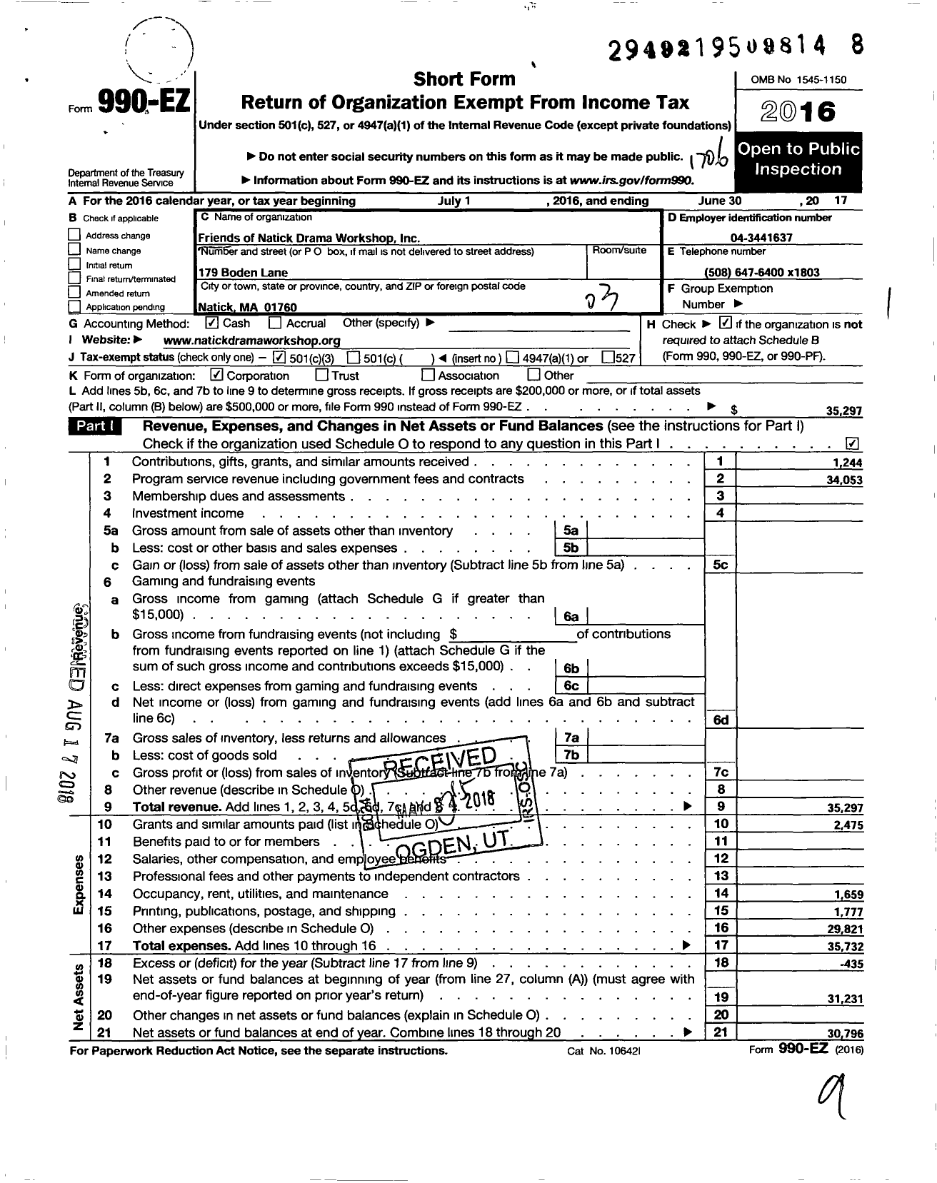 Image of first page of 2016 Form 990EZ for Friends of Natick Drama Workshop