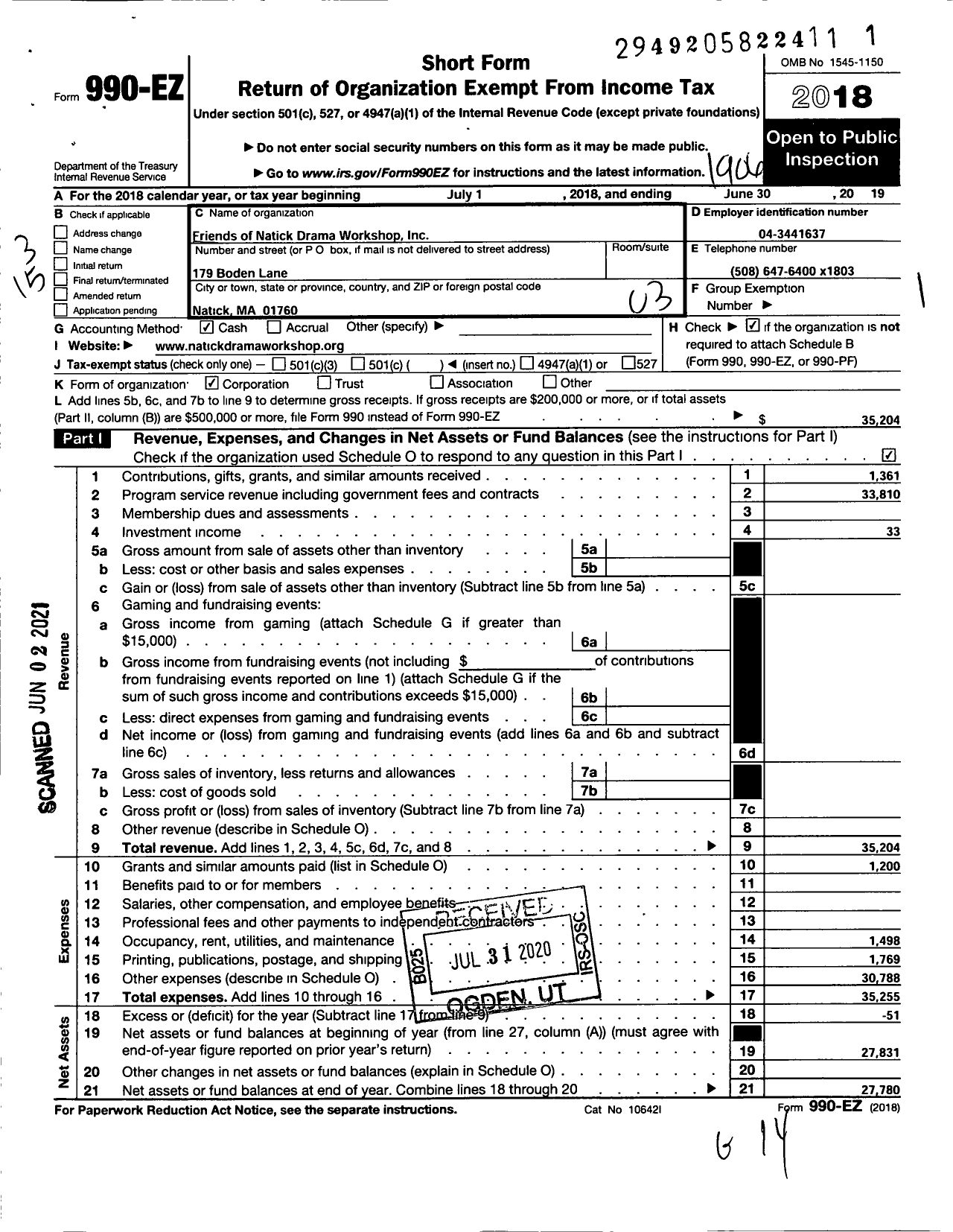 Image of first page of 2018 Form 990EZ for Friends of Natick Drama Workshop