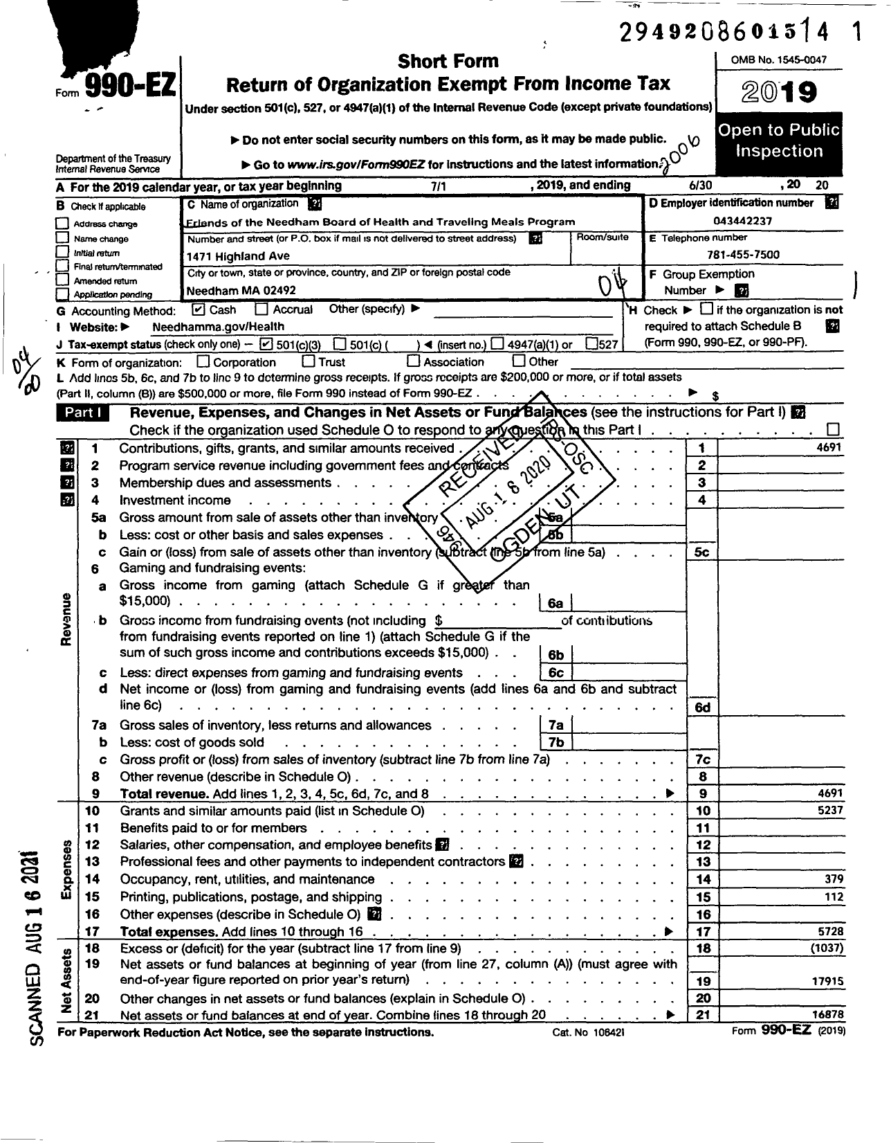 Image of first page of 2019 Form 990EO for Friends of the Needham Board of Health Traveling Meals Program