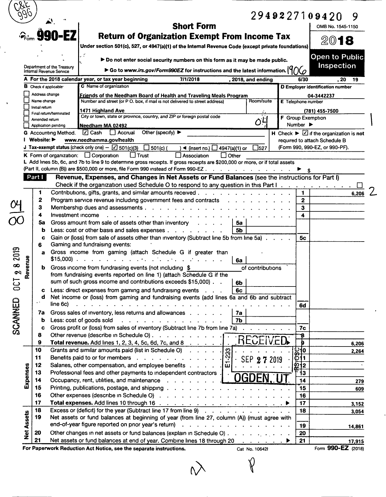 Image of first page of 2018 Form 990EO for Friends of the Needham Board of Health Traveling Meals Program