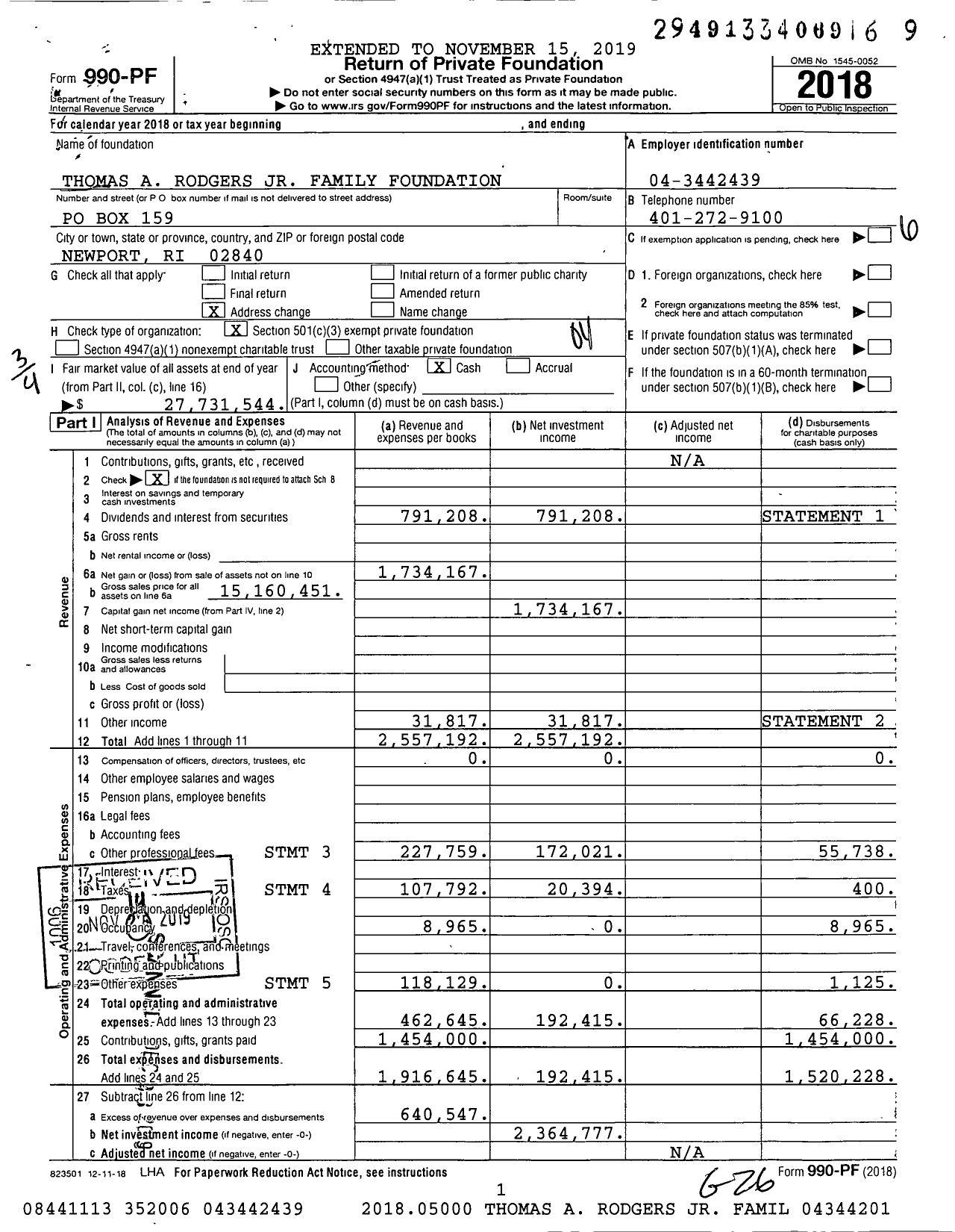 Image of first page of 2018 Form 990PF for Thomas A Rodgers JR Family Foundation