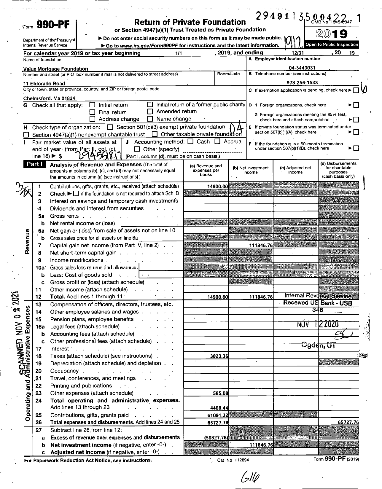 Image of first page of 2019 Form 990PF for Value Mortgage Foundation