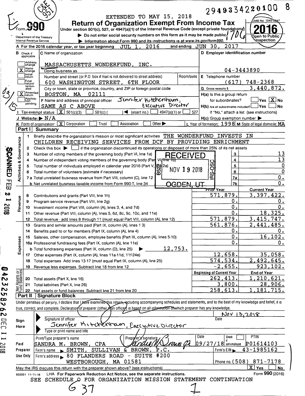 Image of first page of 2016 Form 990 for Massachusetts Wonderfund