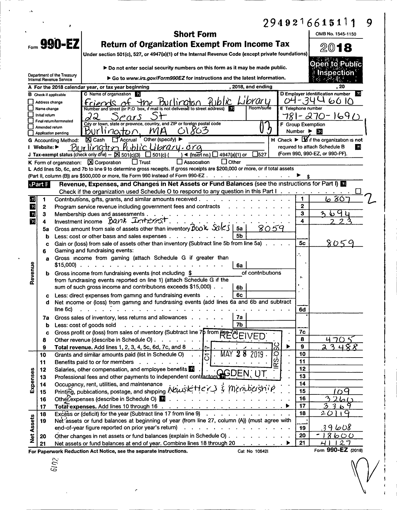 Image of first page of 2018 Form 990EZ for Friends of the Burlington Public Library