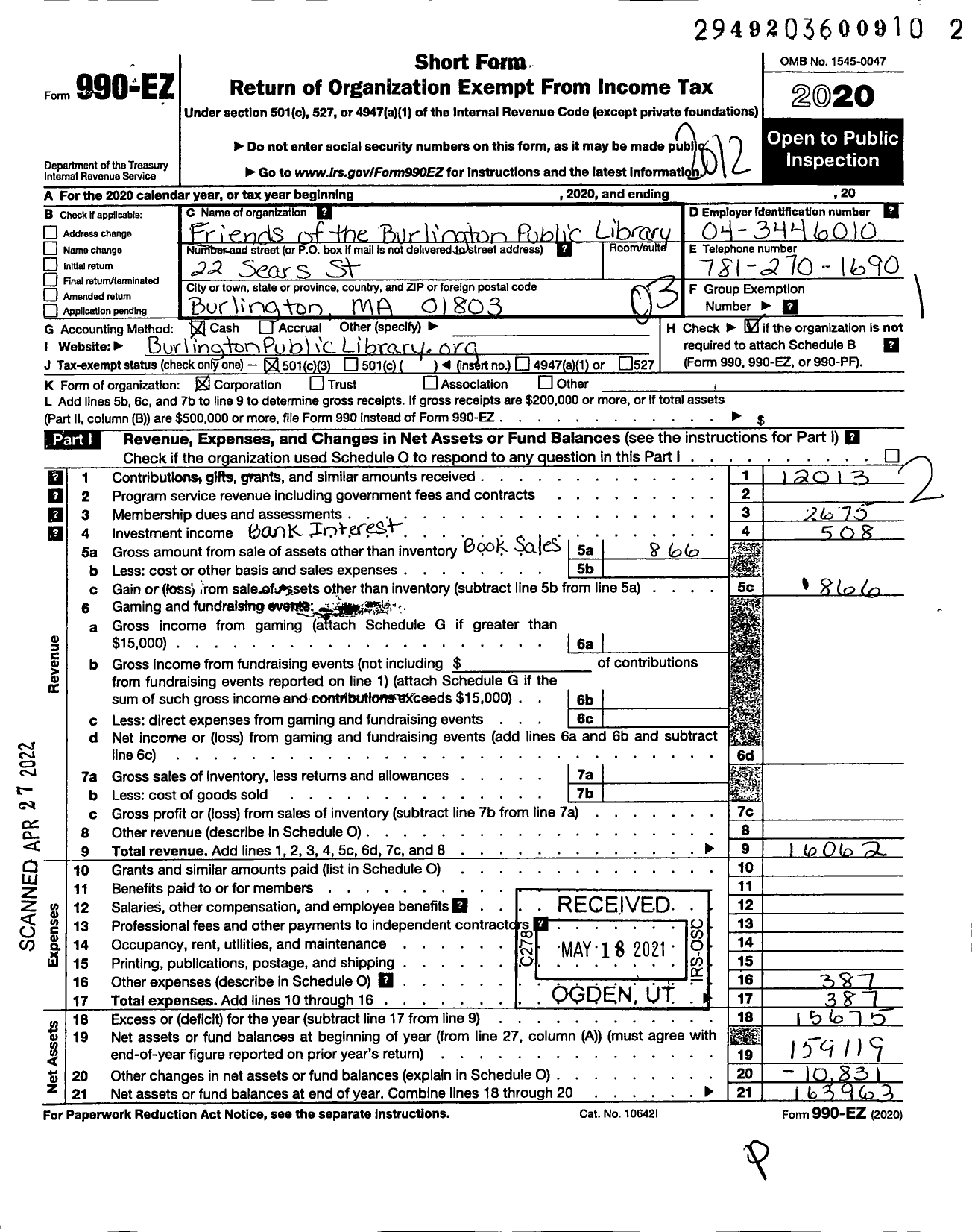 Image of first page of 2020 Form 990EZ for Friends of the Burlington Public Library