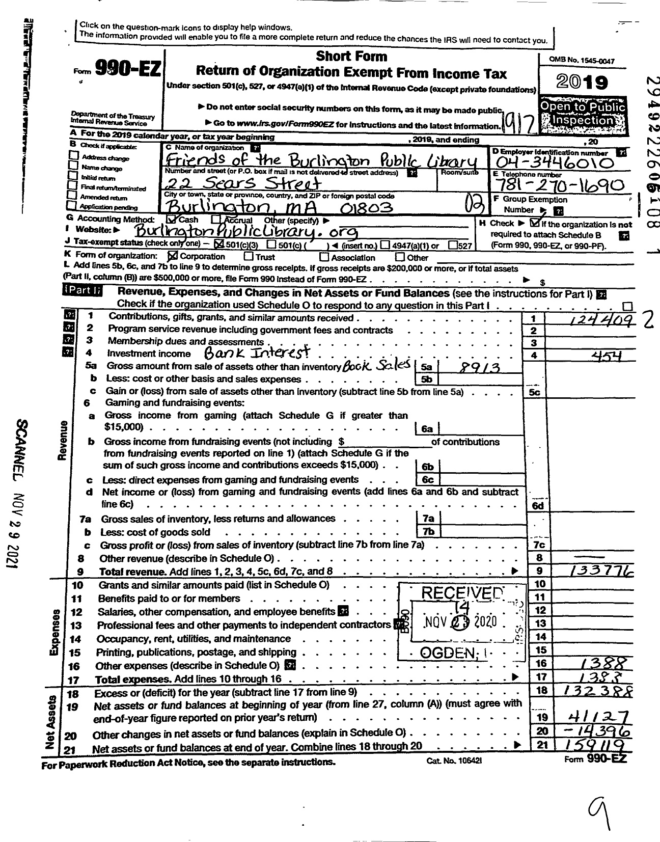 Image of first page of 2019 Form 990EZ for Friends of the Burlington Public Library