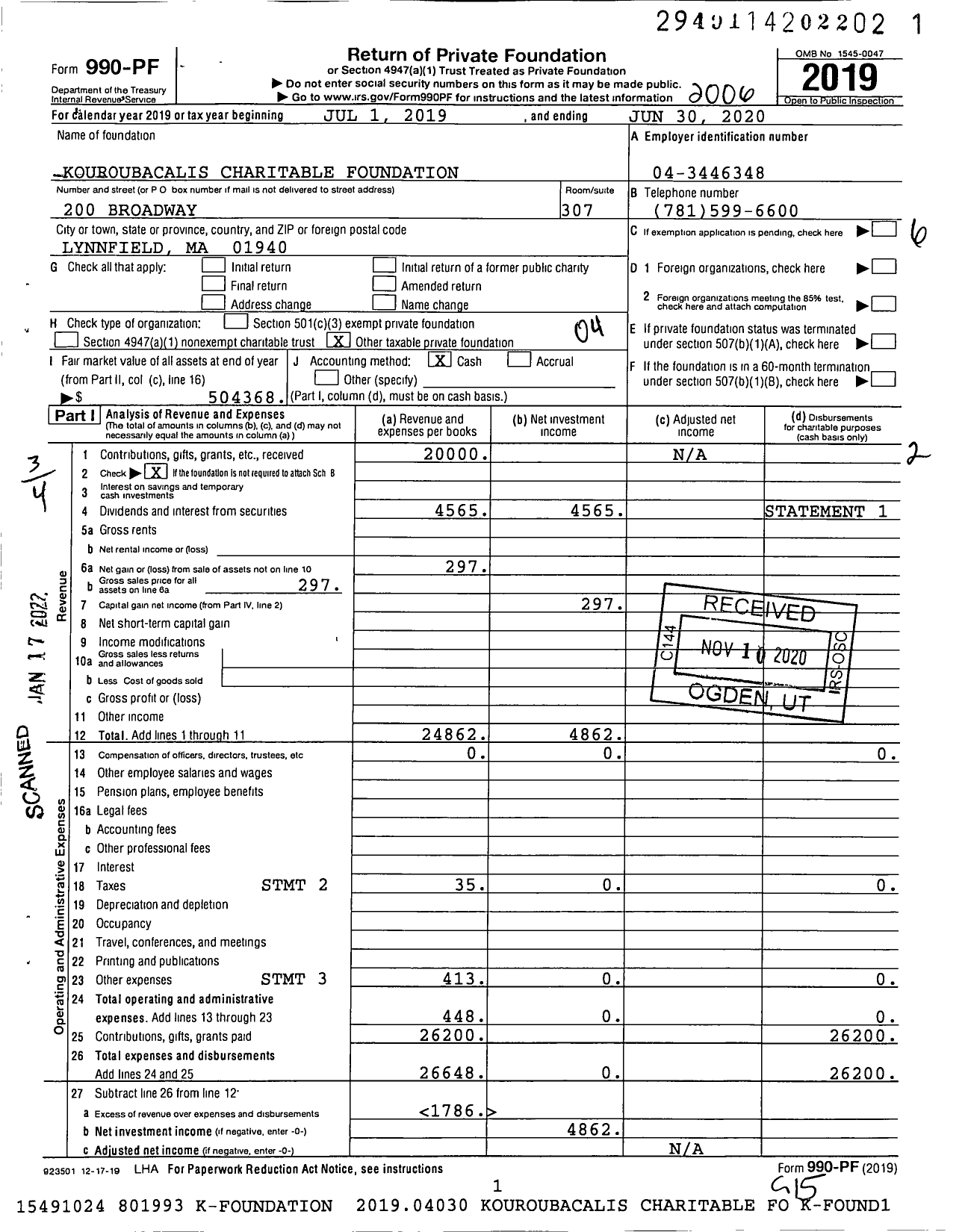 Image of first page of 2019 Form 990PF for Kouroubacalis Charitable Foundation