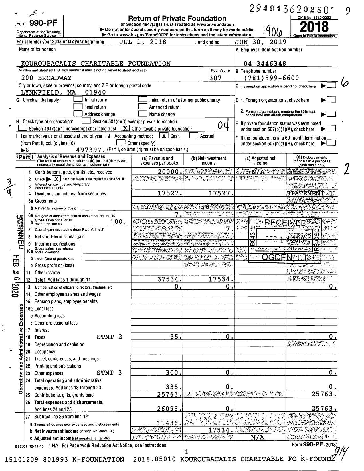 Image of first page of 2018 Form 990PF for Kouroubacalis Charitable Foundation