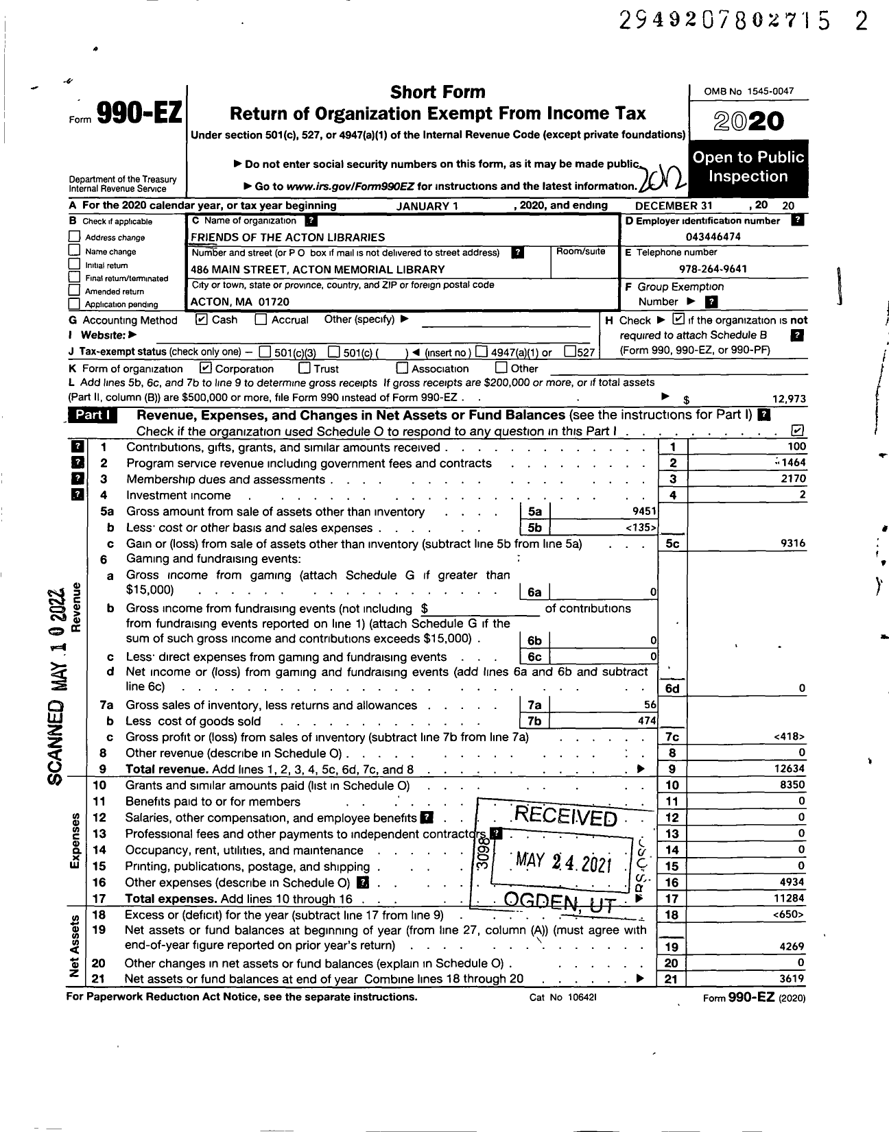 Image of first page of 2020 Form 990EO for Friends of the Acton Libraries