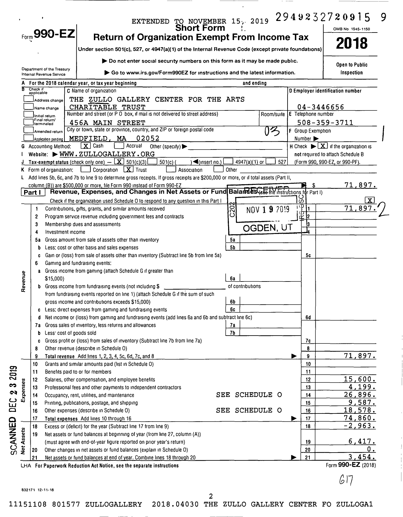 Image of first page of 2018 Form 990EZ for The Zullo Gallery Center For The Arts Charitable Trust