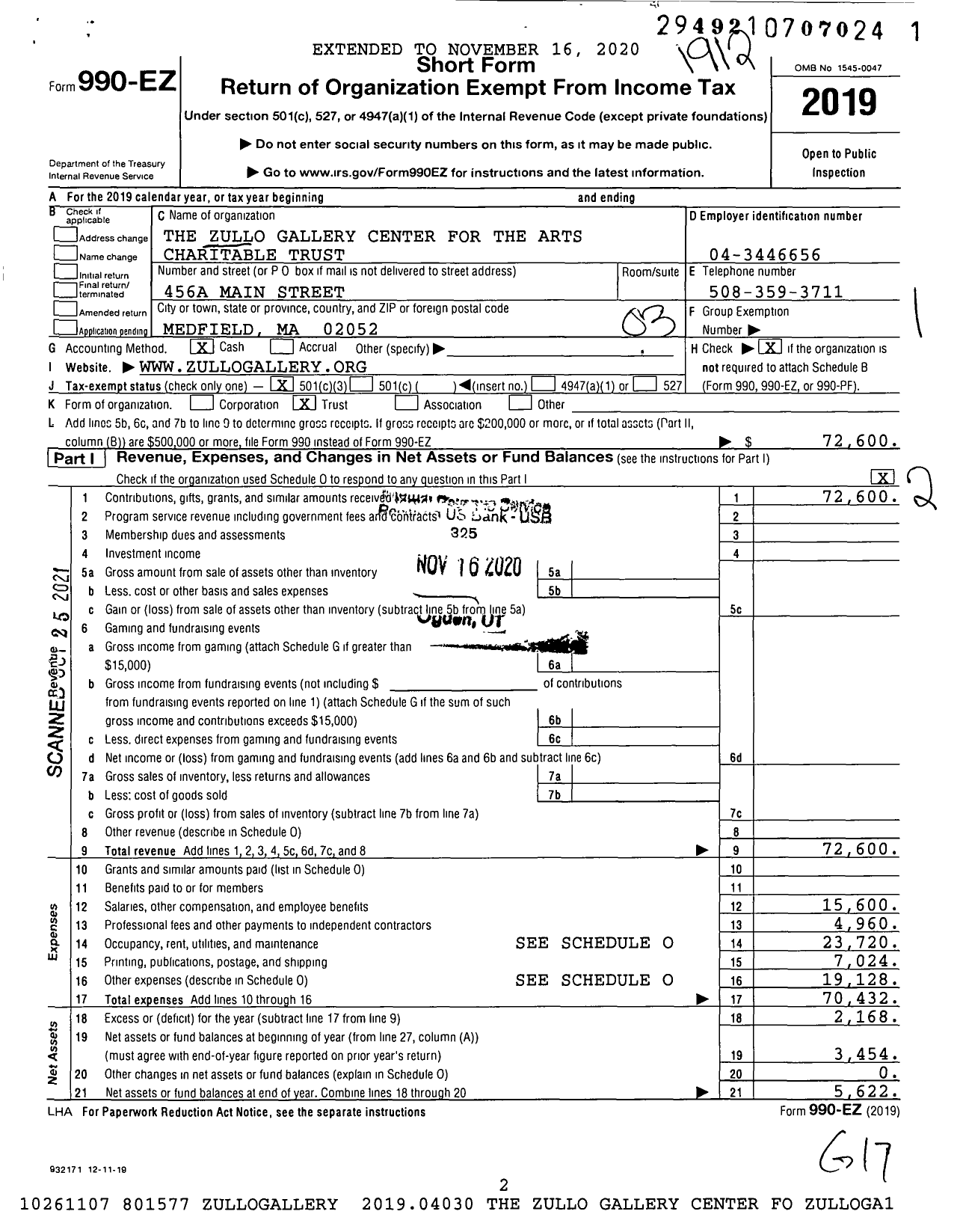 Image of first page of 2019 Form 990EZ for The Zullo Gallery Center For The Arts Charitable Trust