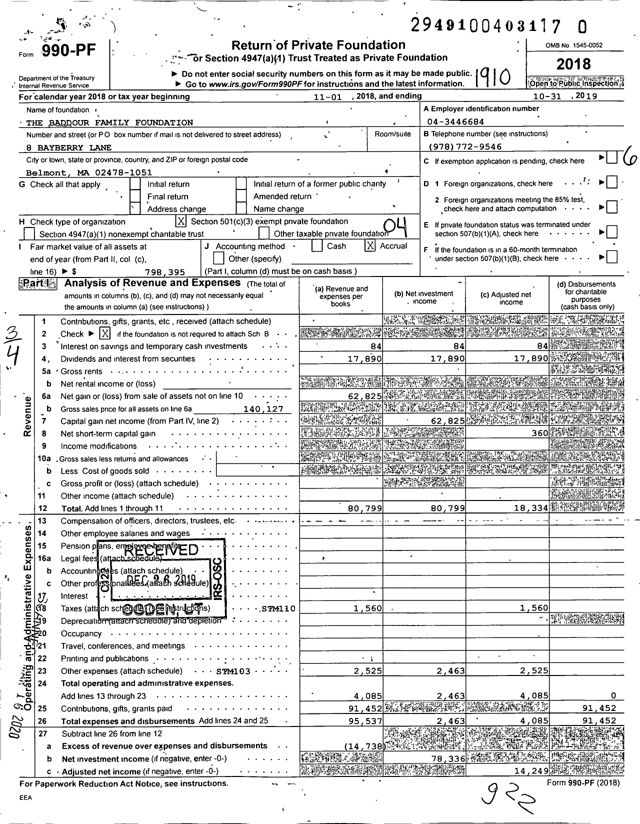 Image of first page of 2018 Form 990PR for The Baddour Family Foundation