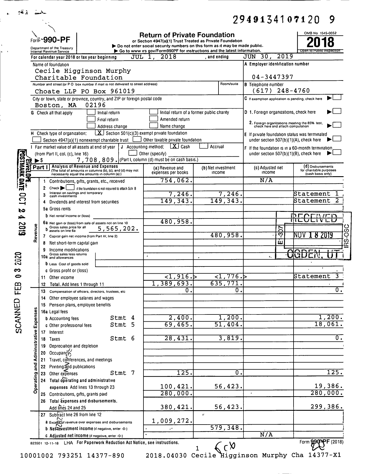 Image of first page of 2018 Form 990PF for Cecile Higginson Murphy Charitable Foundation