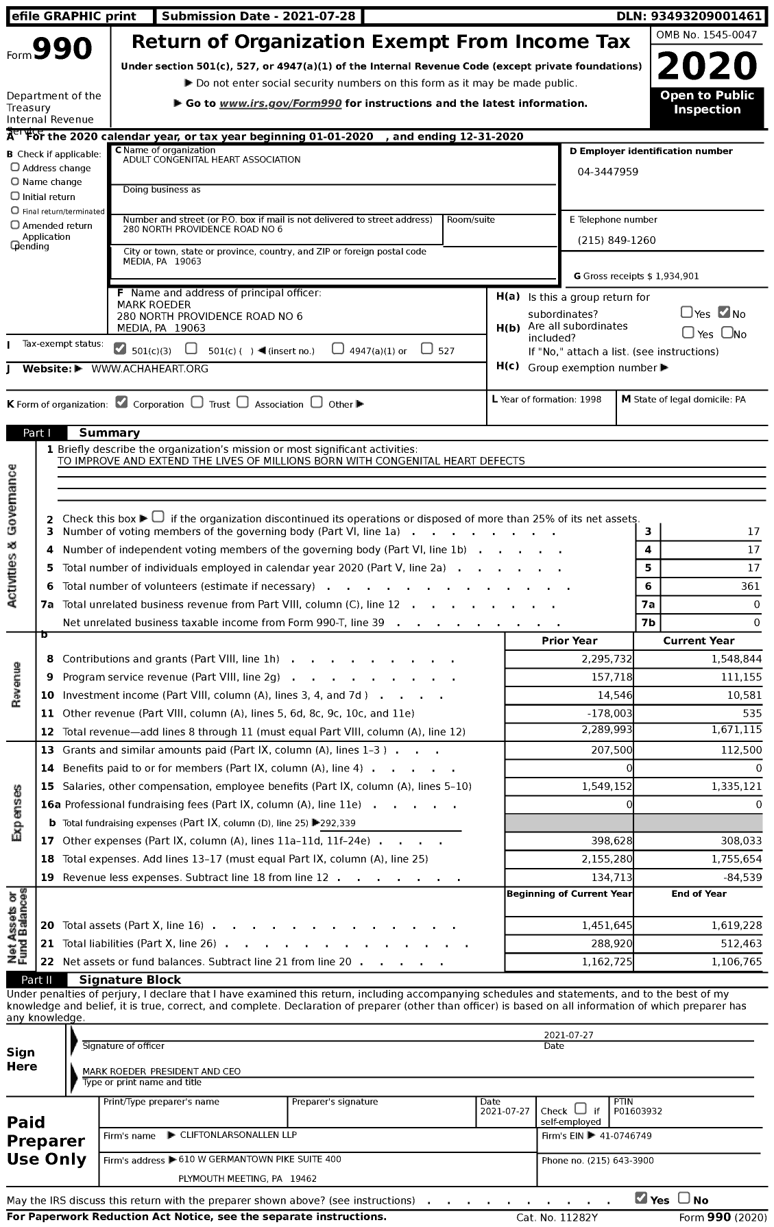 Image of first page of 2020 Form 990 for Adult Congenital Heart Association (ACHA)