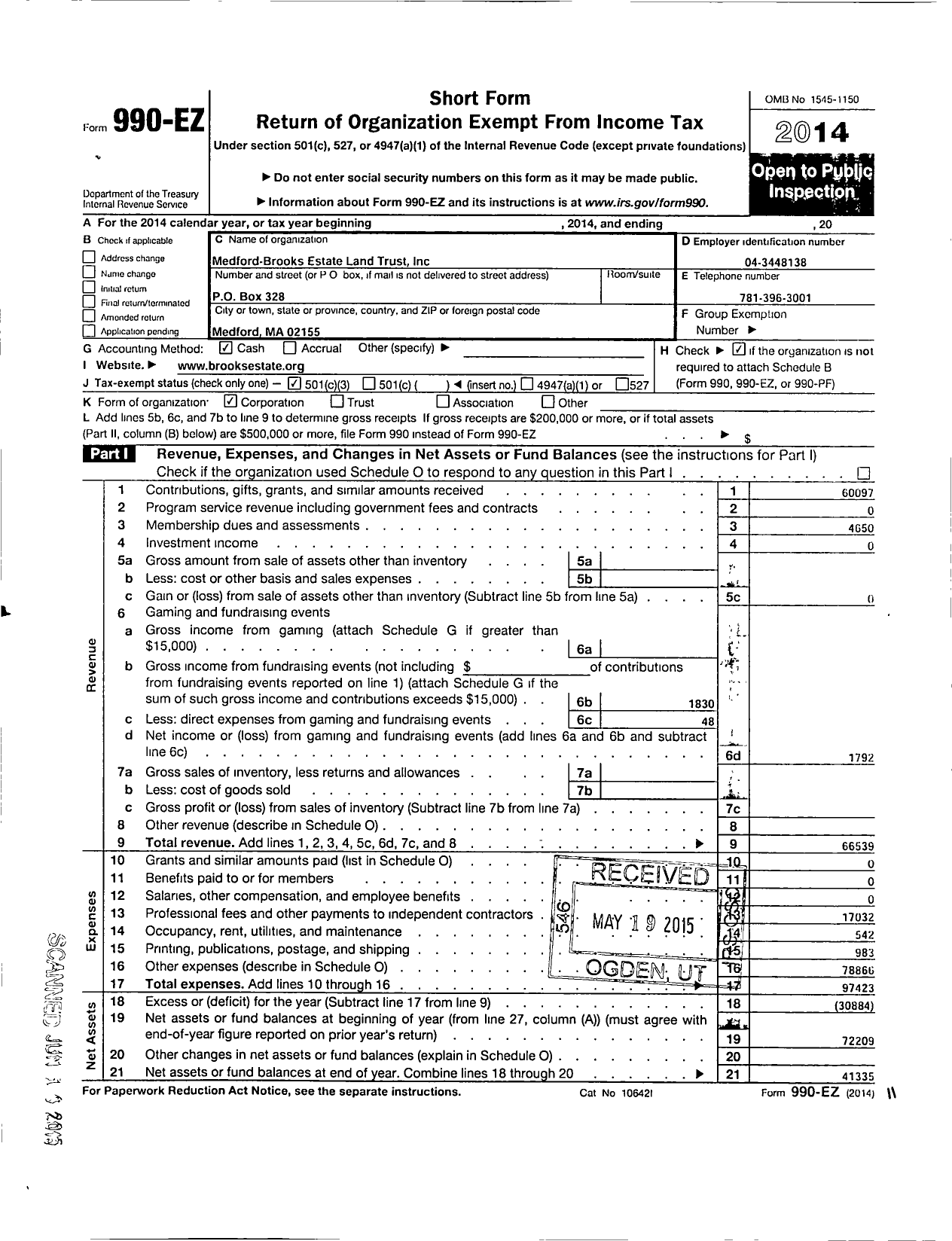 Image of first page of 2014 Form 990EZ for Medford-Brooks Estate Land Trust