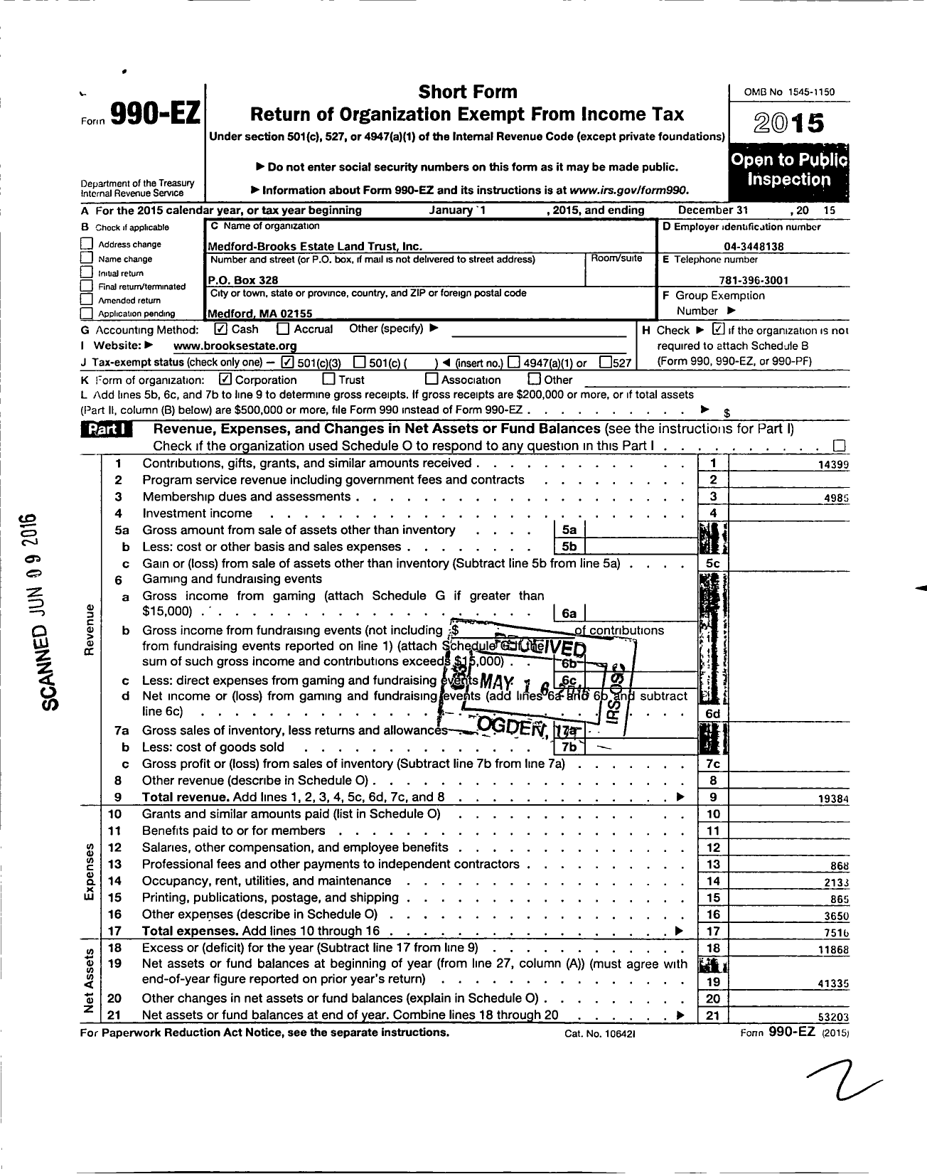 Image of first page of 2015 Form 990EZ for Medford-Brooks Estate Land Trust