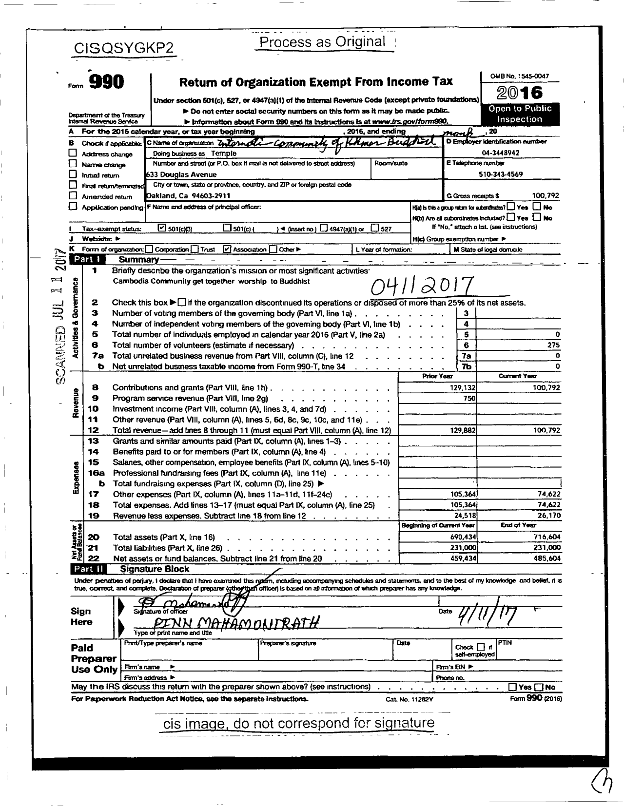 Image of first page of 2016 Form 990 for International Community of the Buddhist Monks Center