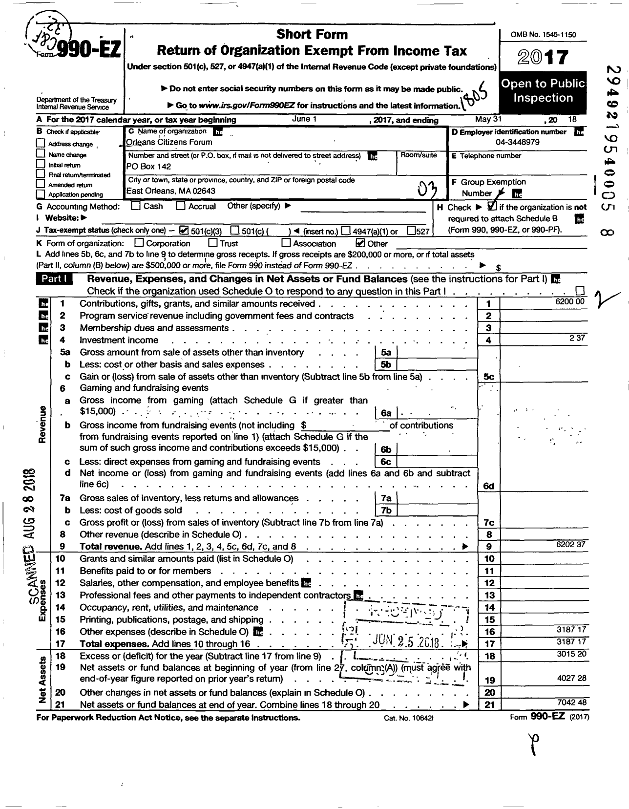 Image of first page of 2017 Form 990EZ for Orleans Citizens Forum