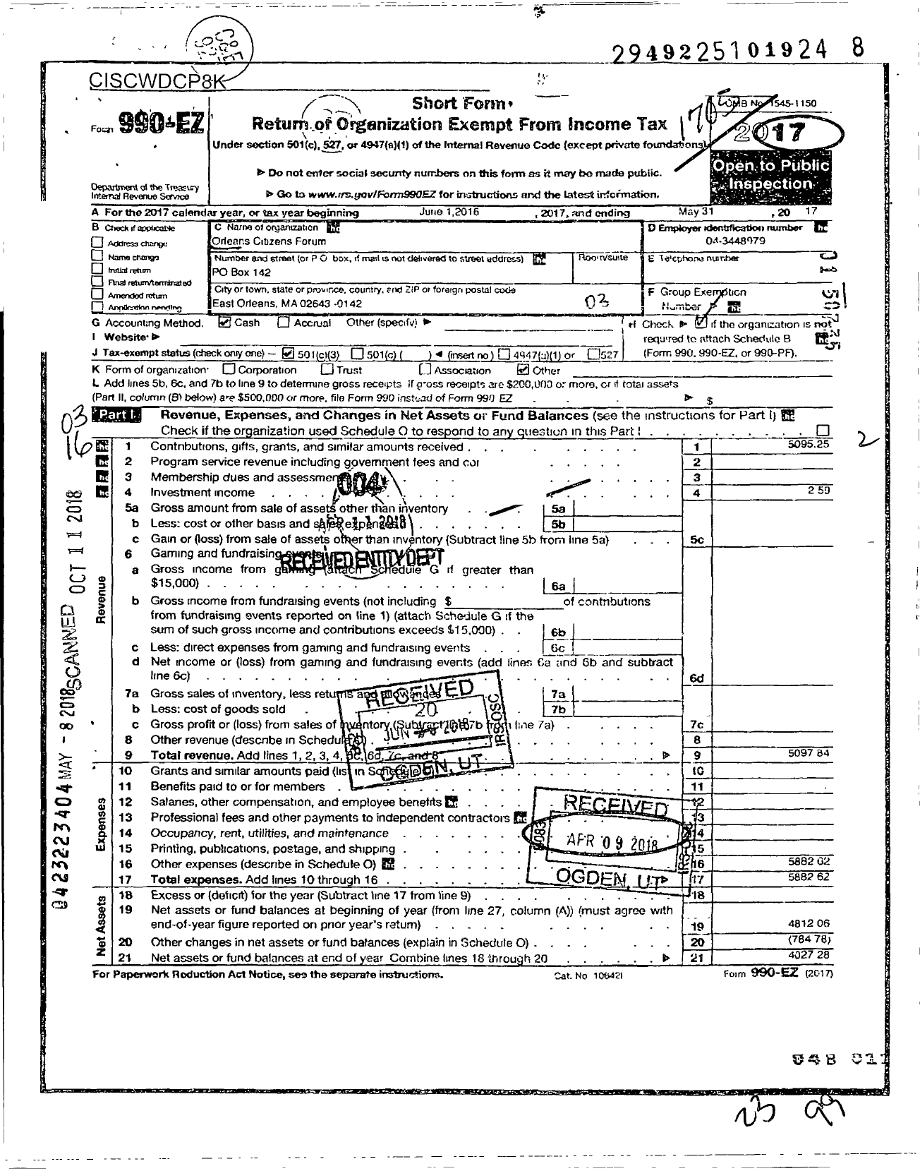 Image of first page of 2016 Form 990EZ for Orleans Citizens Forum