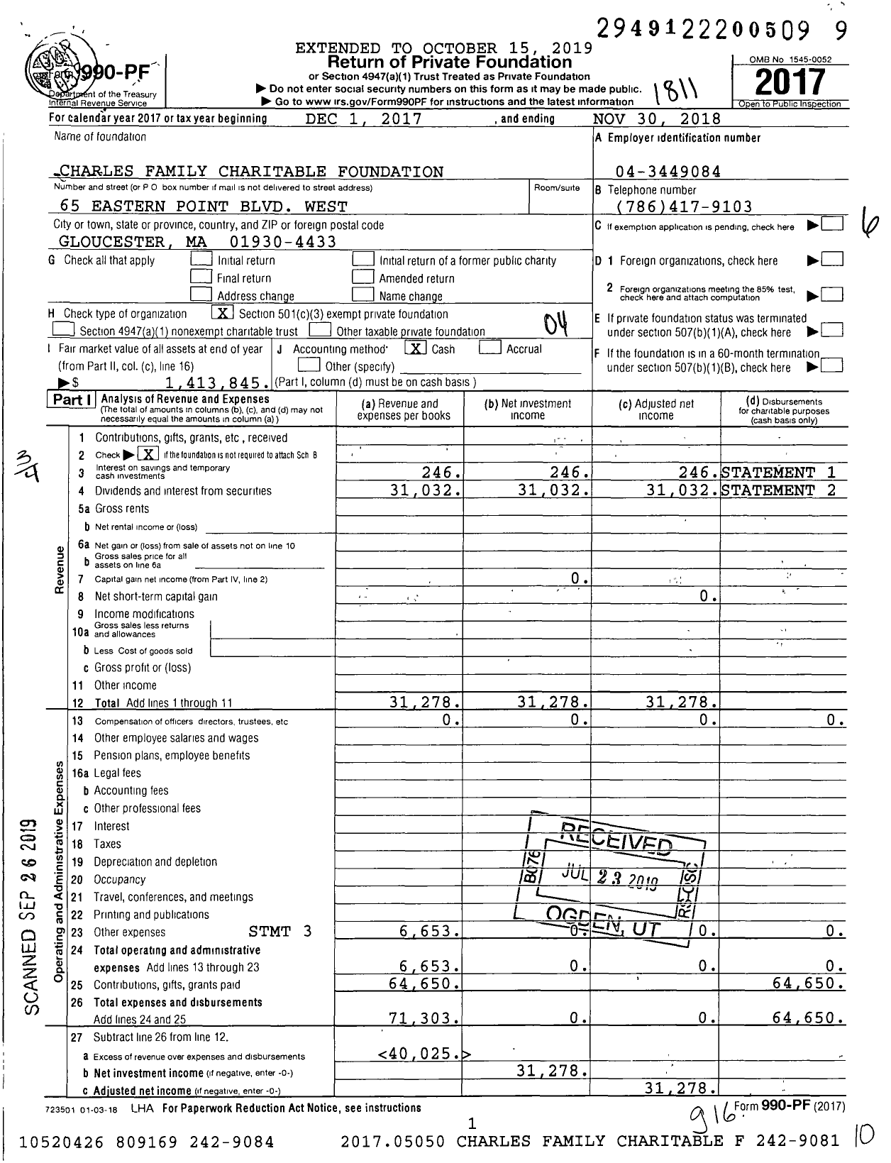 Image of first page of 2017 Form 990PF for Charles Family Charitable Foundation