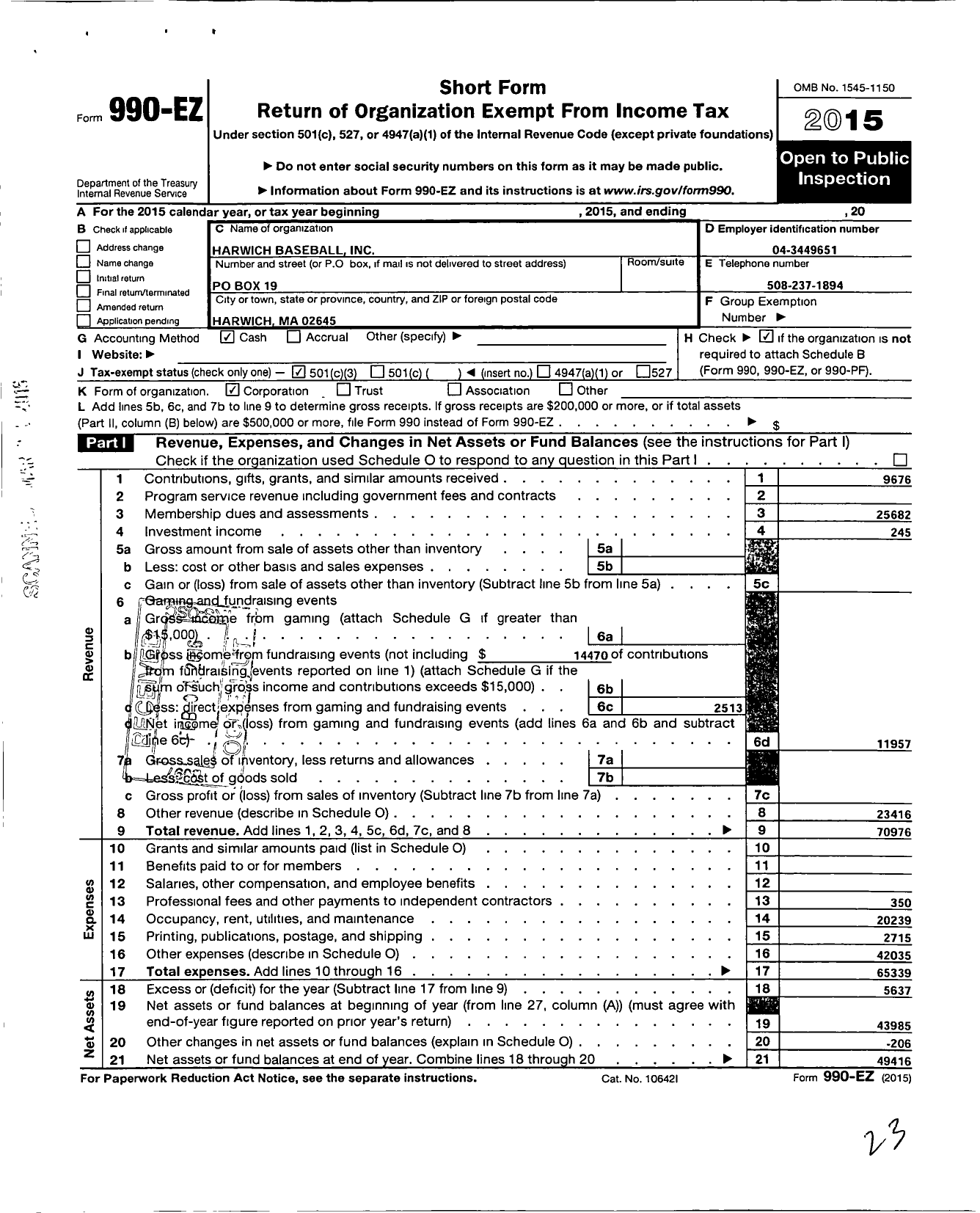 Image of first page of 2015 Form 990EZ for Monomoy Little League