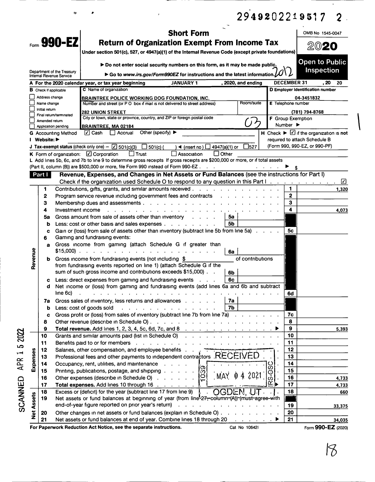 Image of first page of 2020 Form 990EZ for Braintree Police Working Dog Foundation