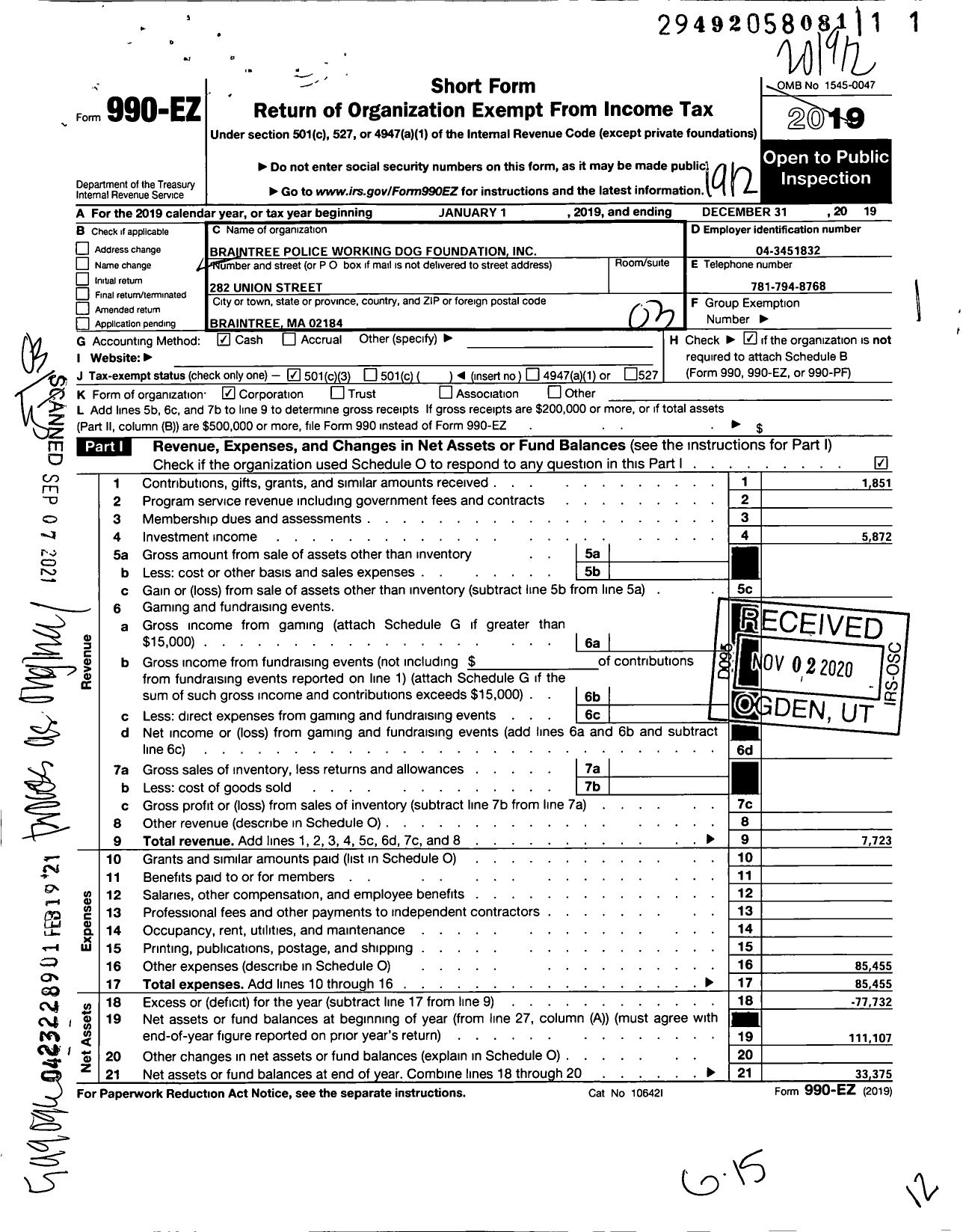 Image of first page of 2019 Form 990EZ for Braintree Police Working Dog Foundation