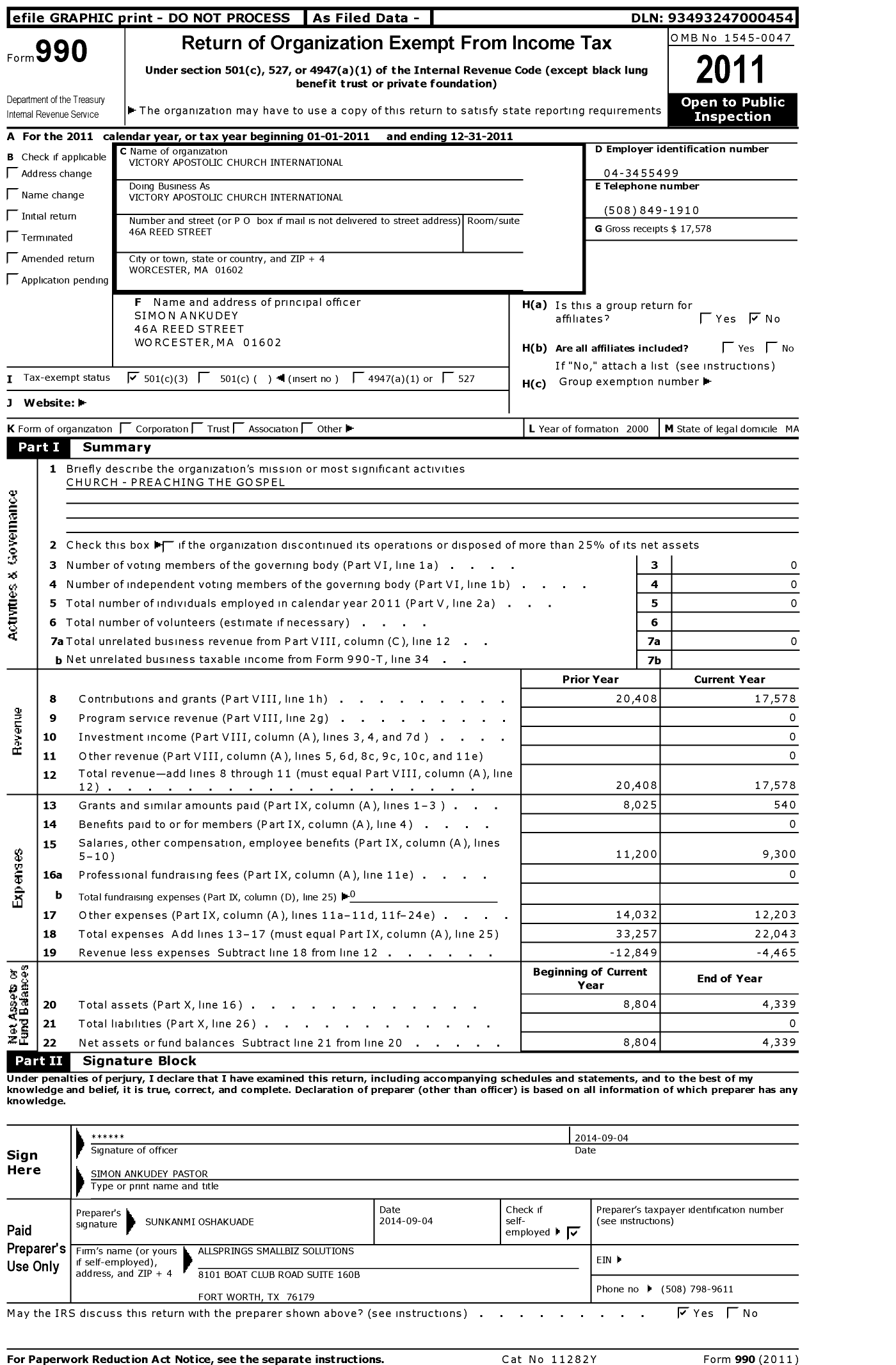 Image of first page of 2011 Form 990 for Victory Worship Center International Ministries