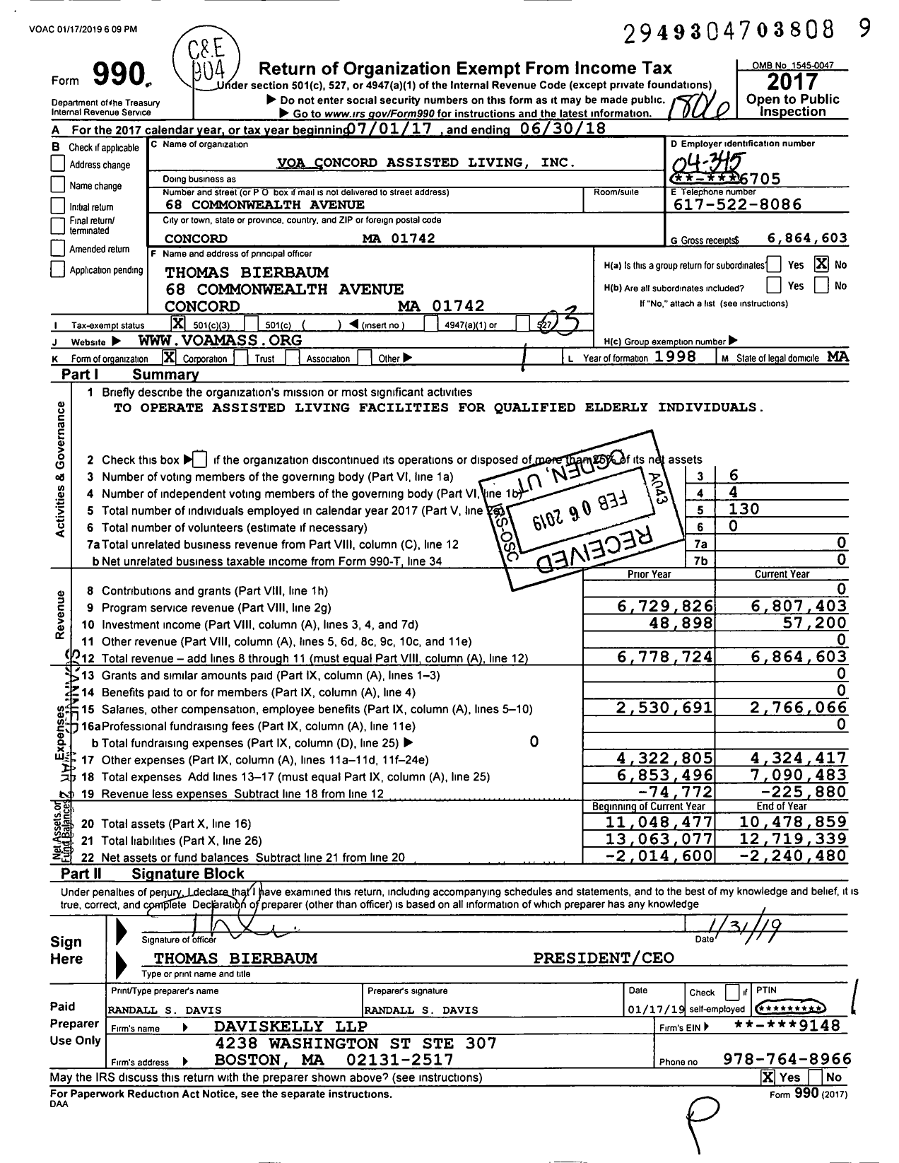 Image of first page of 2017 Form 990 for Volunteers of America - VOA Concord Assisted Living