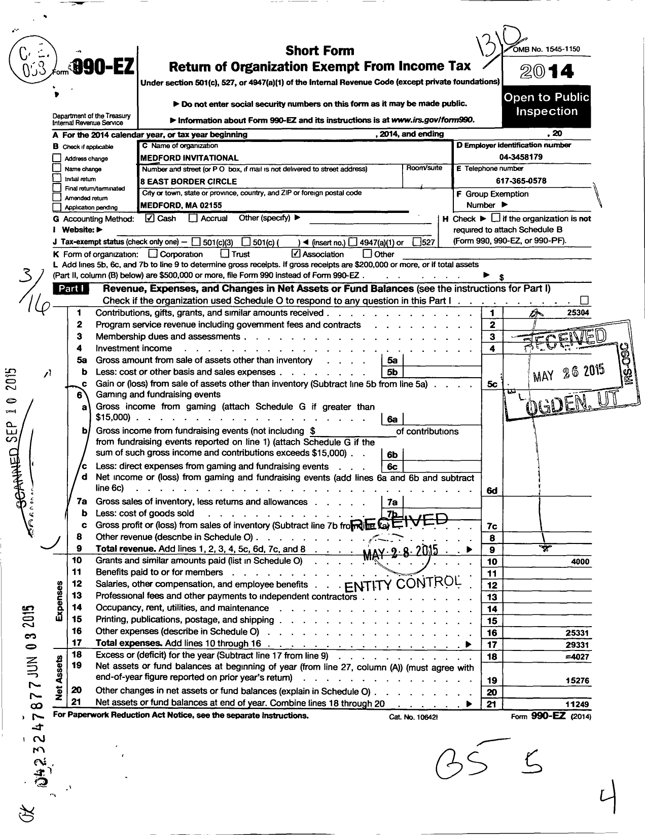 Image of first page of 2012 Form 990EO for Medford Invitational Tournaments