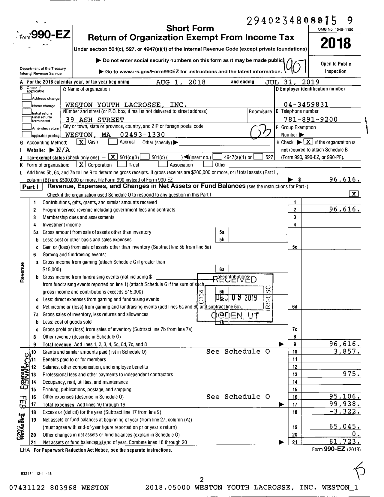 Image of first page of 2018 Form 990EZ for Weston Youth Lacrosse