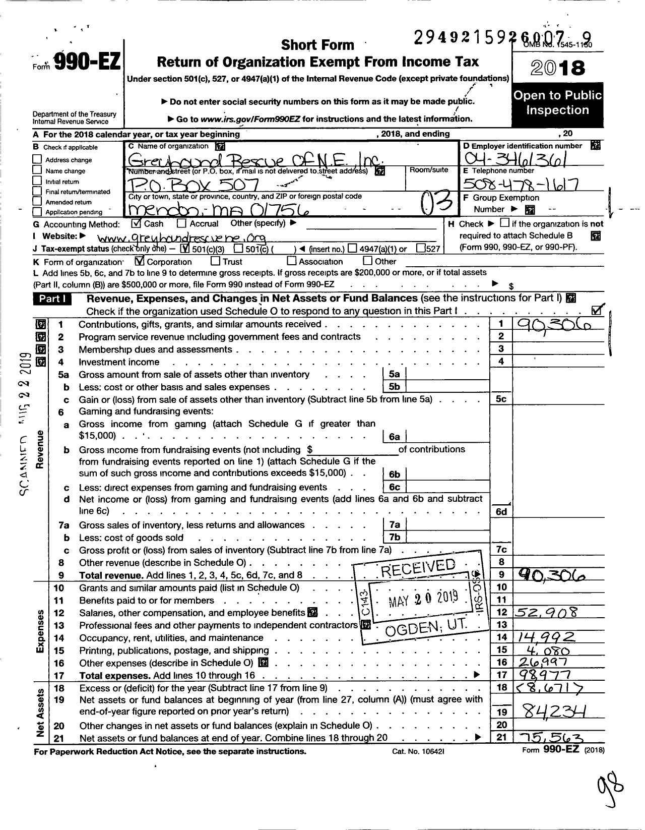 Image of first page of 2018 Form 990EZ for Greyhound Rescue of New England