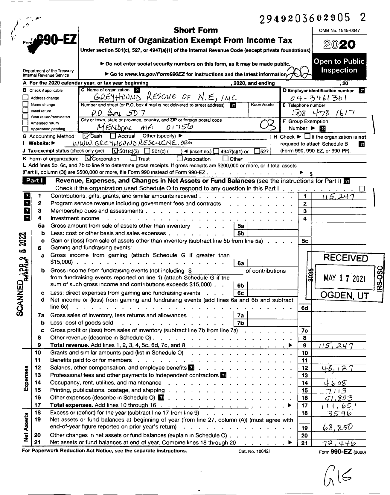Image of first page of 2020 Form 990EZ for Greyhound Rescue of New England
