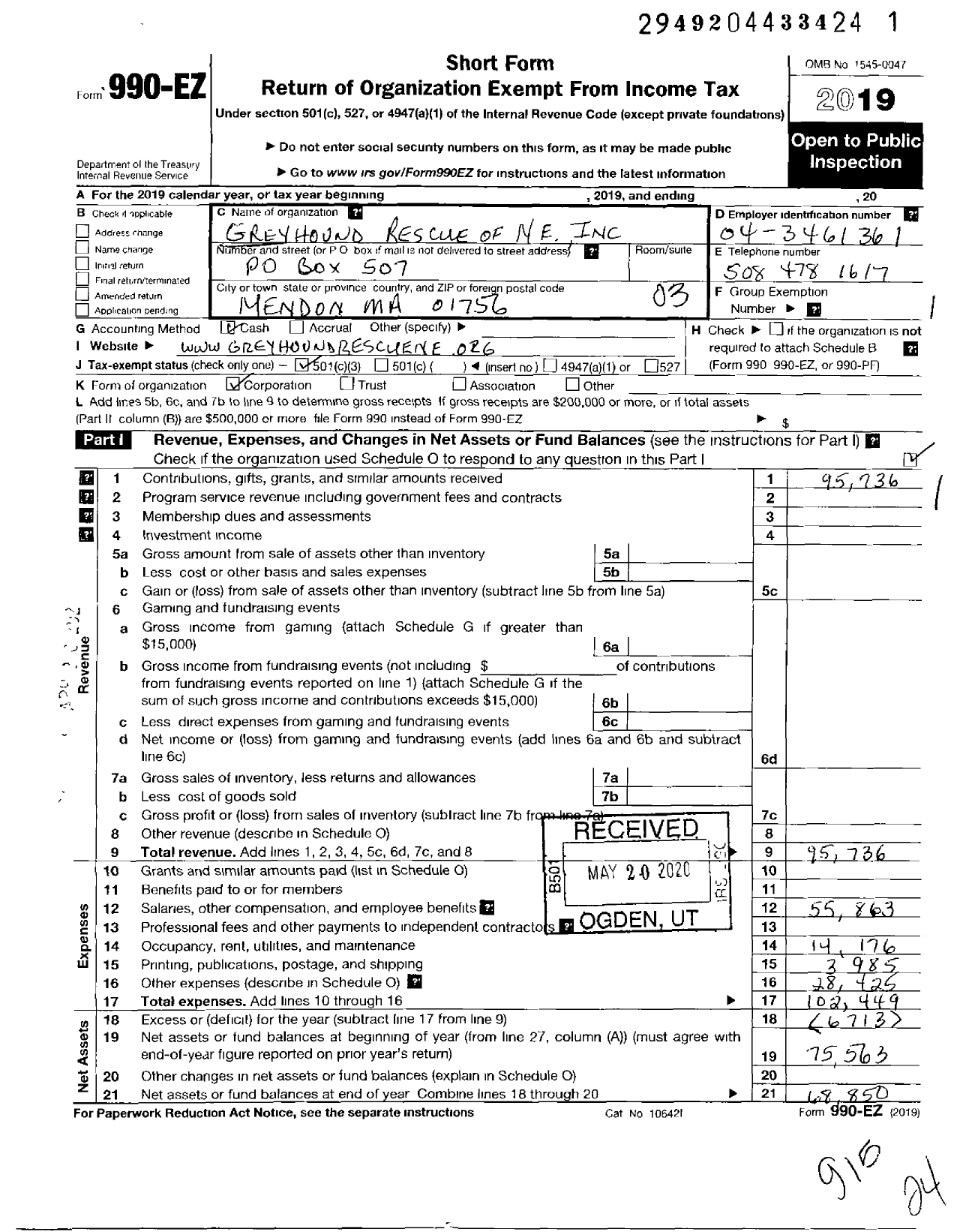 Image of first page of 2019 Form 990EZ for Greyhound Rescue of New England