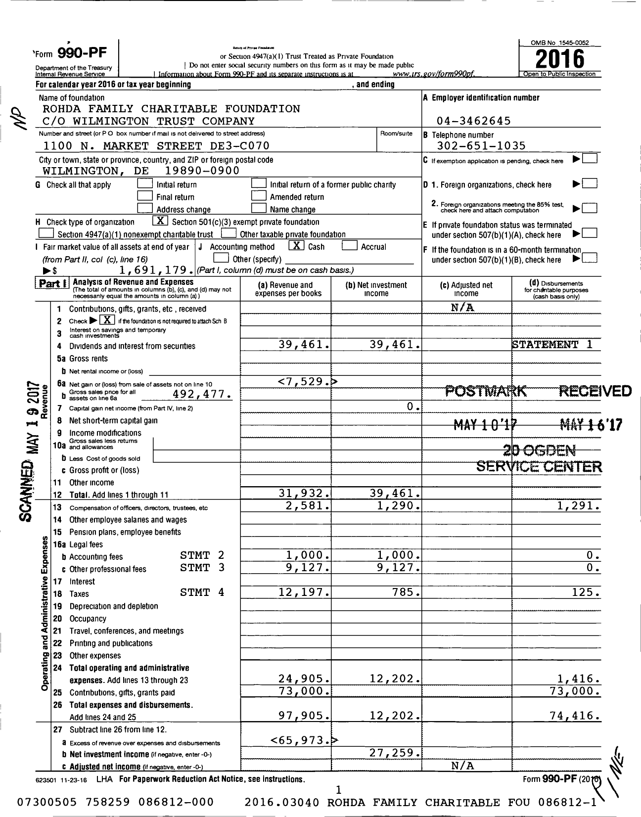 Image of first page of 2016 Form 990PF for Rohda Family Charitable Foundation 086812-000